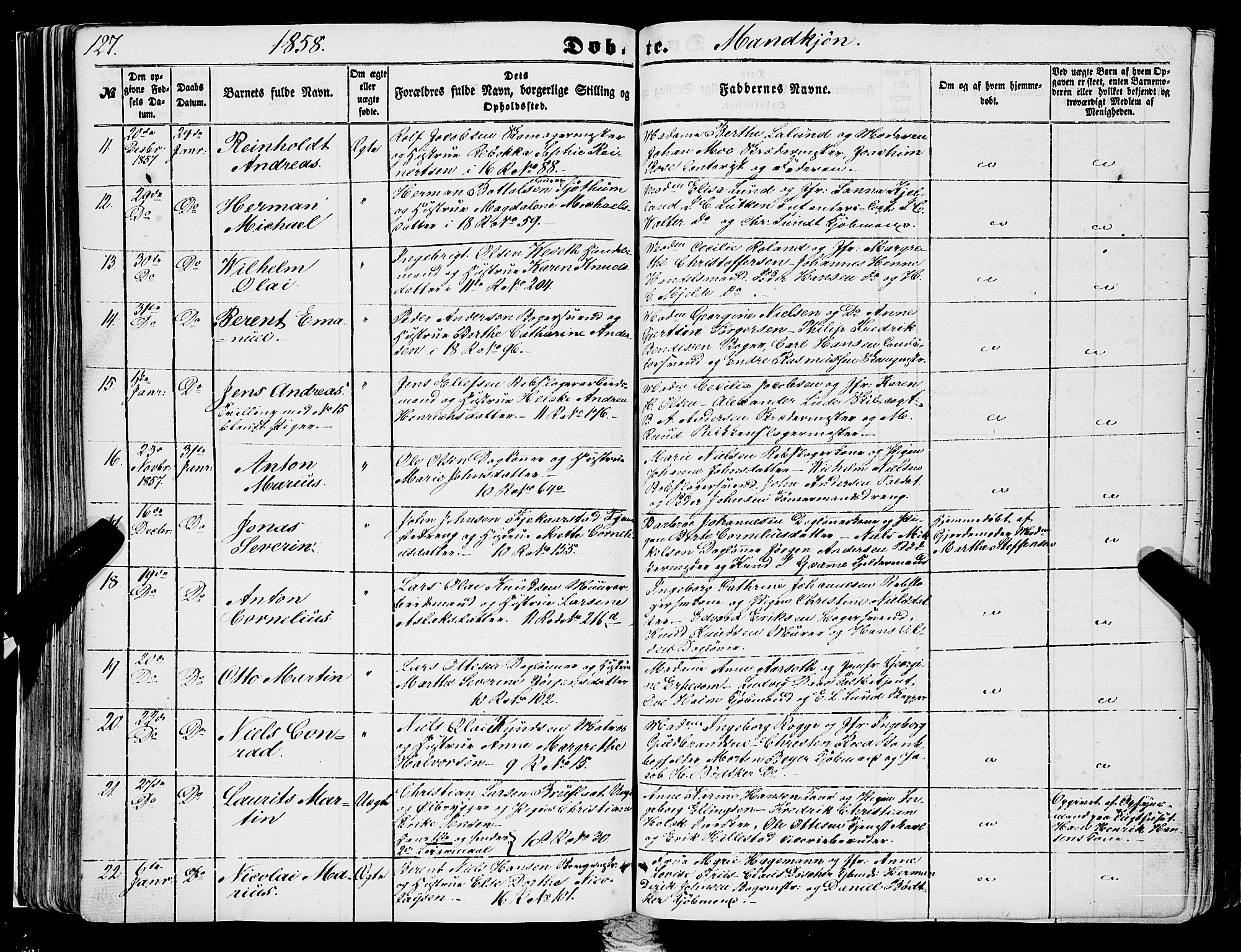 Domkirken sokneprestembete, SAB/A-74801/H/Haa/L0020: Parish register (official) no. B 3, 1851-1859, p. 127