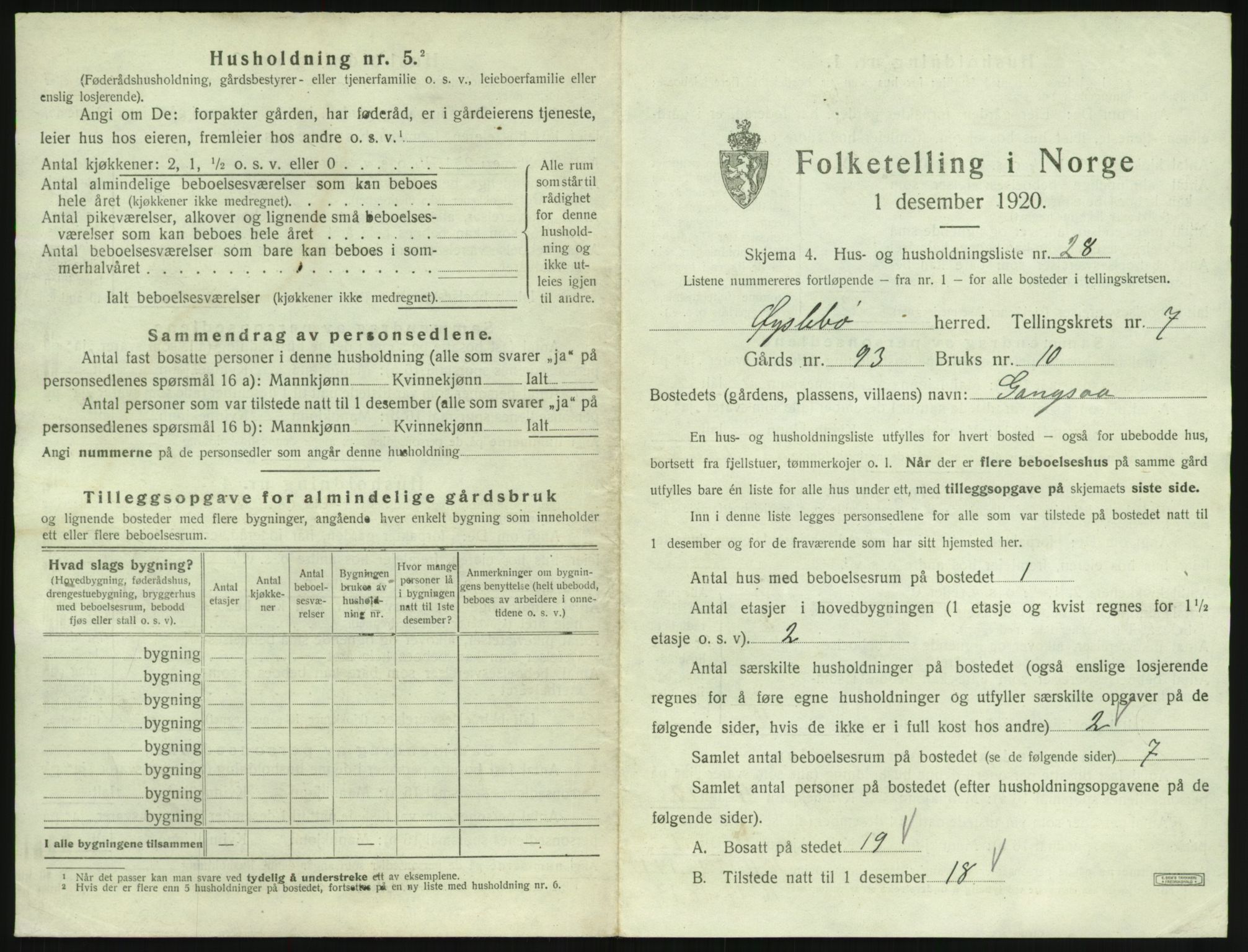 SAK, 1920 census for Øyslebø, 1920, p. 454