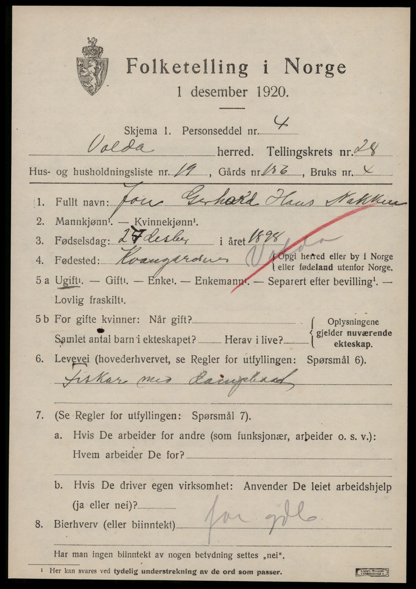 SAT, 1920 census for Volda, 1920, p. 13146