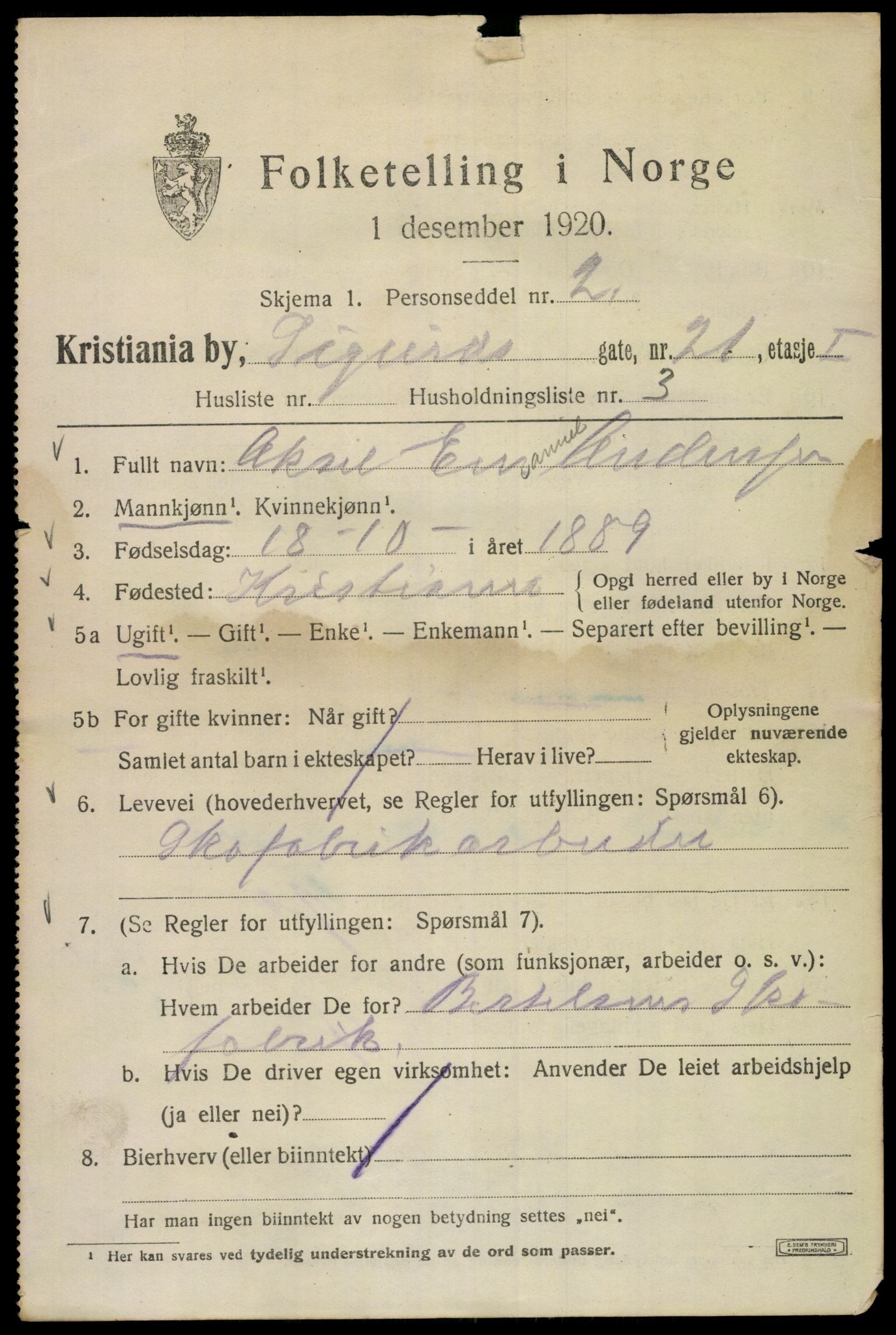 SAO, 1920 census for Kristiania, 1920, p. 511383