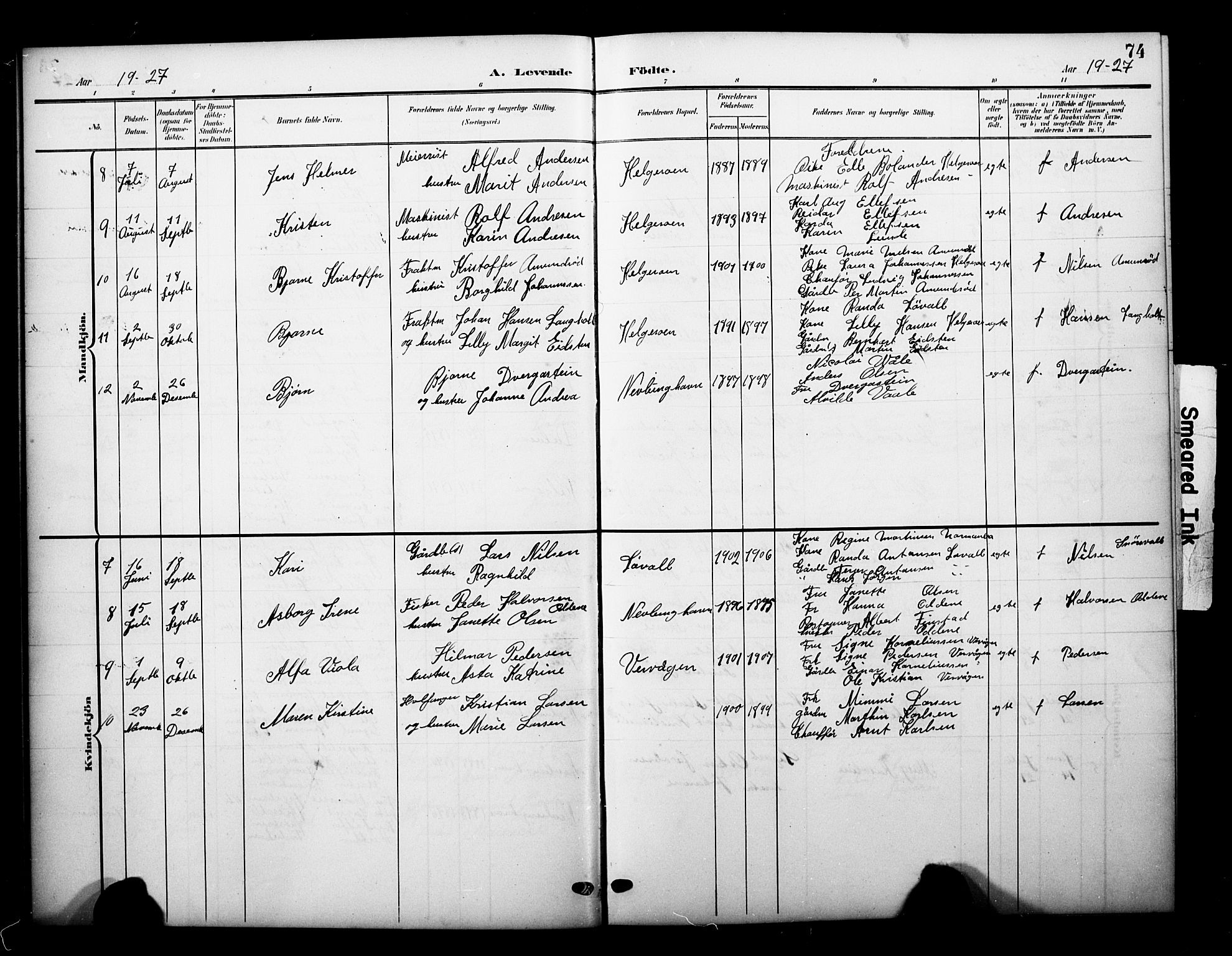 Brunlanes kirkebøker, AV/SAKO-A-342/G/Gb/L0003: Parish register (copy) no. II 3, 1903-1928, p. 74