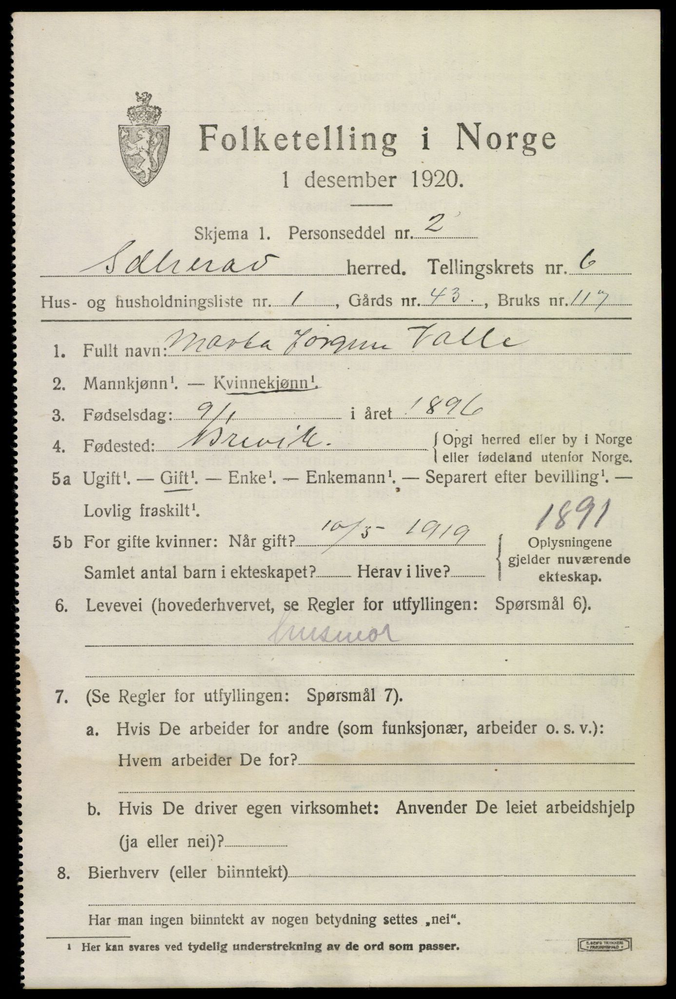 SAKO, 1920 census for Sandeherred, 1920, p. 9560