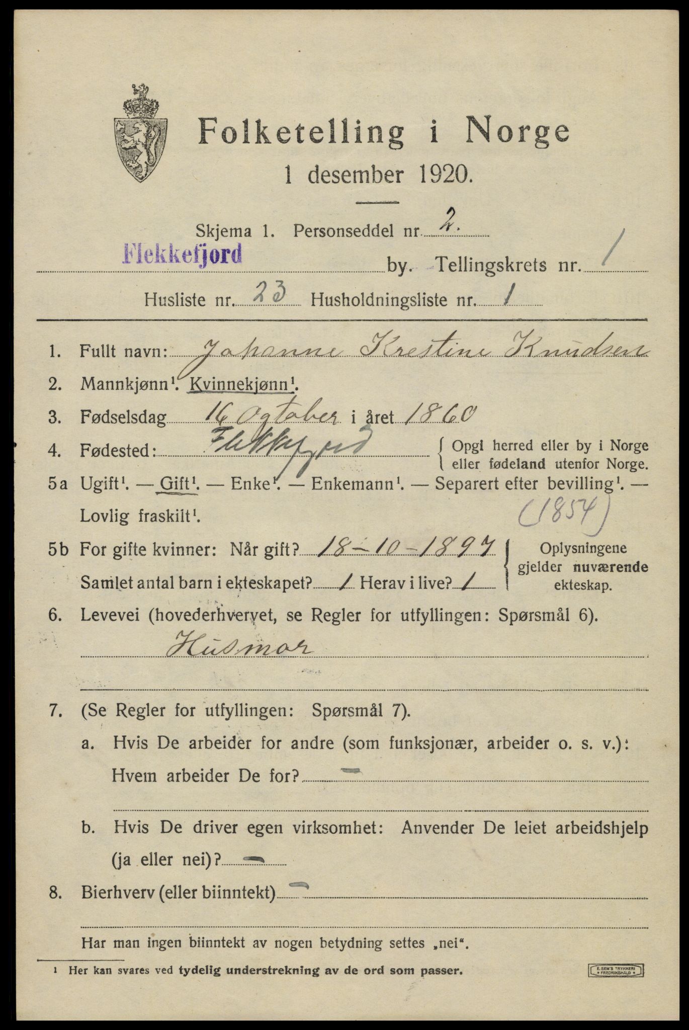 SAK, 1920 census for Flekkefjord, 1920, p. 2090