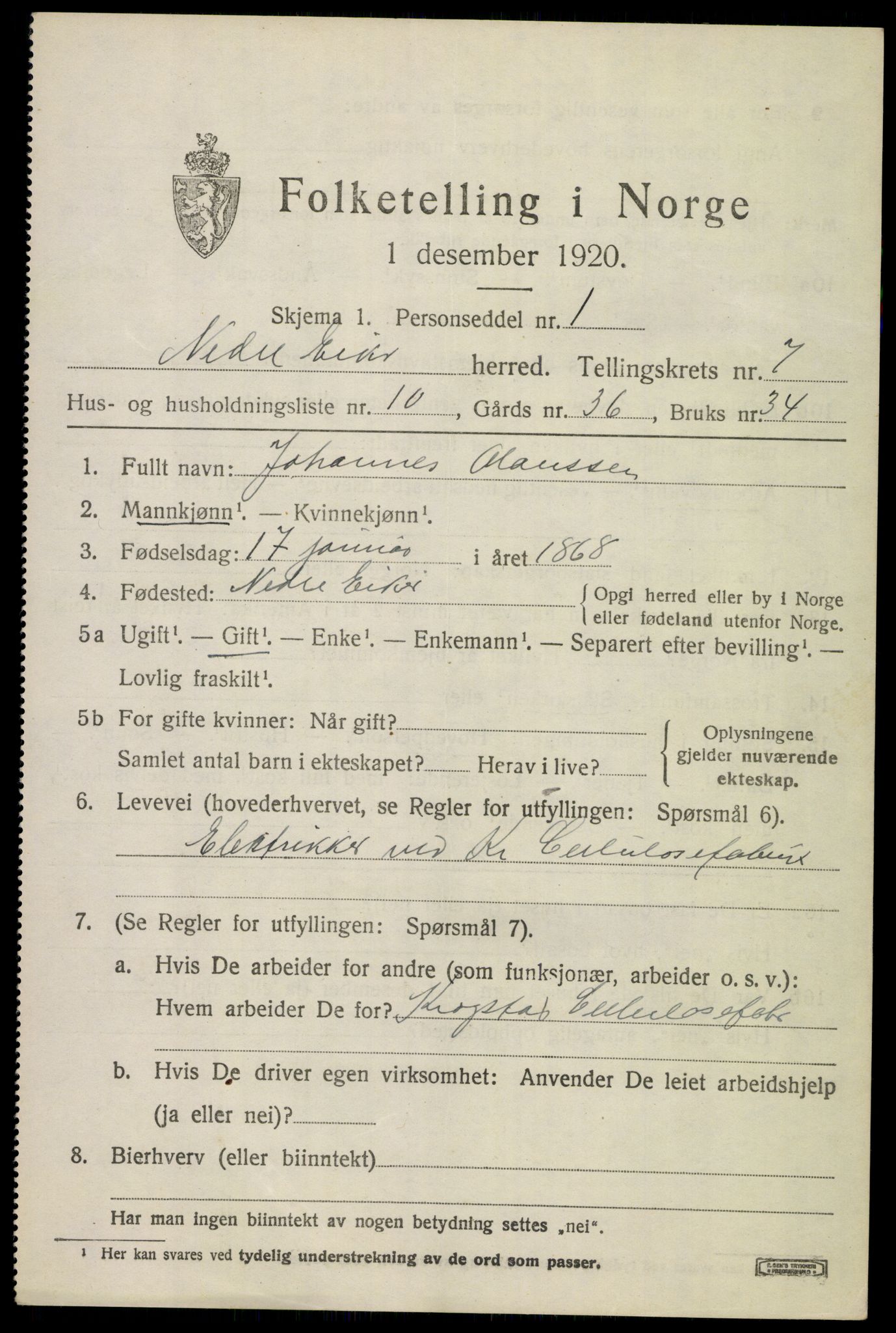 SAKO, 1920 census for Nedre Eiker, 1920, p. 7507