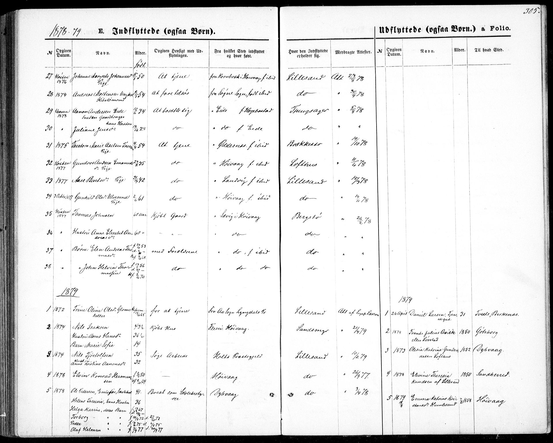 Vestre Moland sokneprestkontor, SAK/1111-0046/F/Fb/Fbb/L0005: Parish register (copy) no. B 5, 1872-1883, p. 305