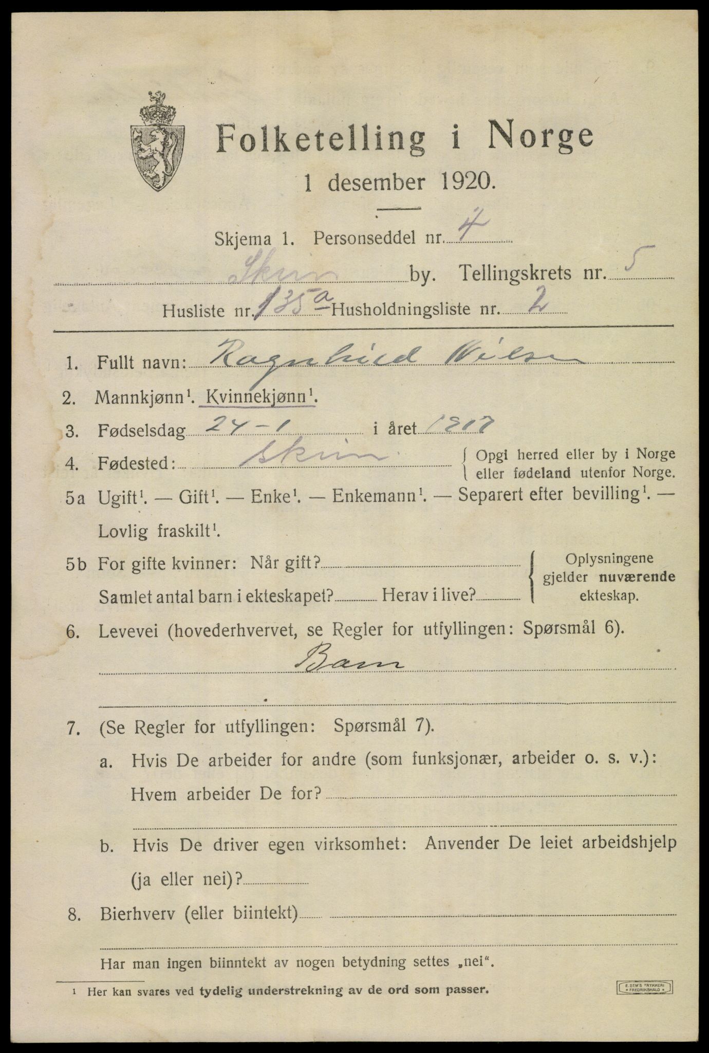 SAKO, 1920 census for Skien, 1920, p. 21798