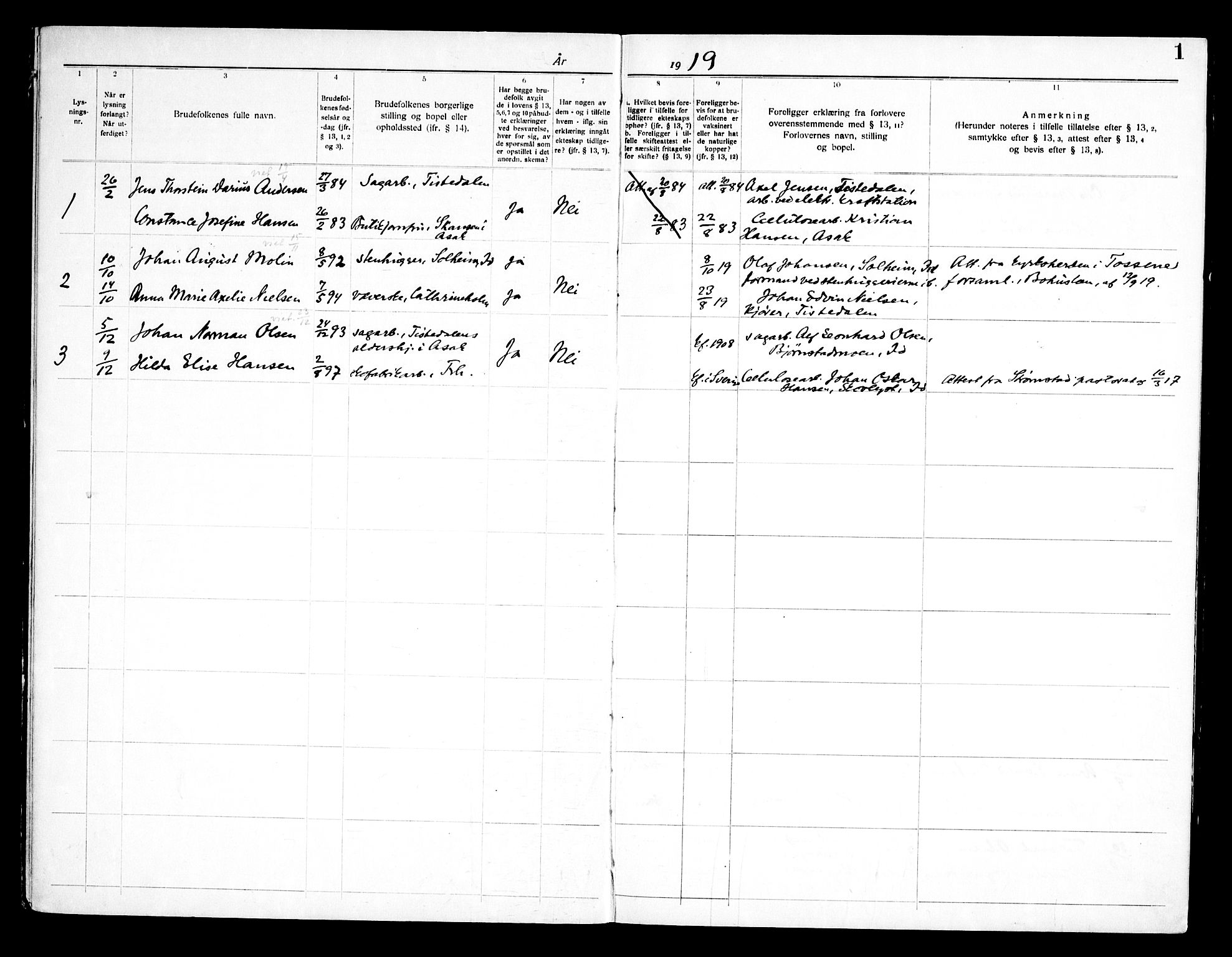 Halden prestekontor Kirkebøker, SAO/A-10909/H/Hb/L0001: Banns register no. II 1, 1919-1960, p. 1