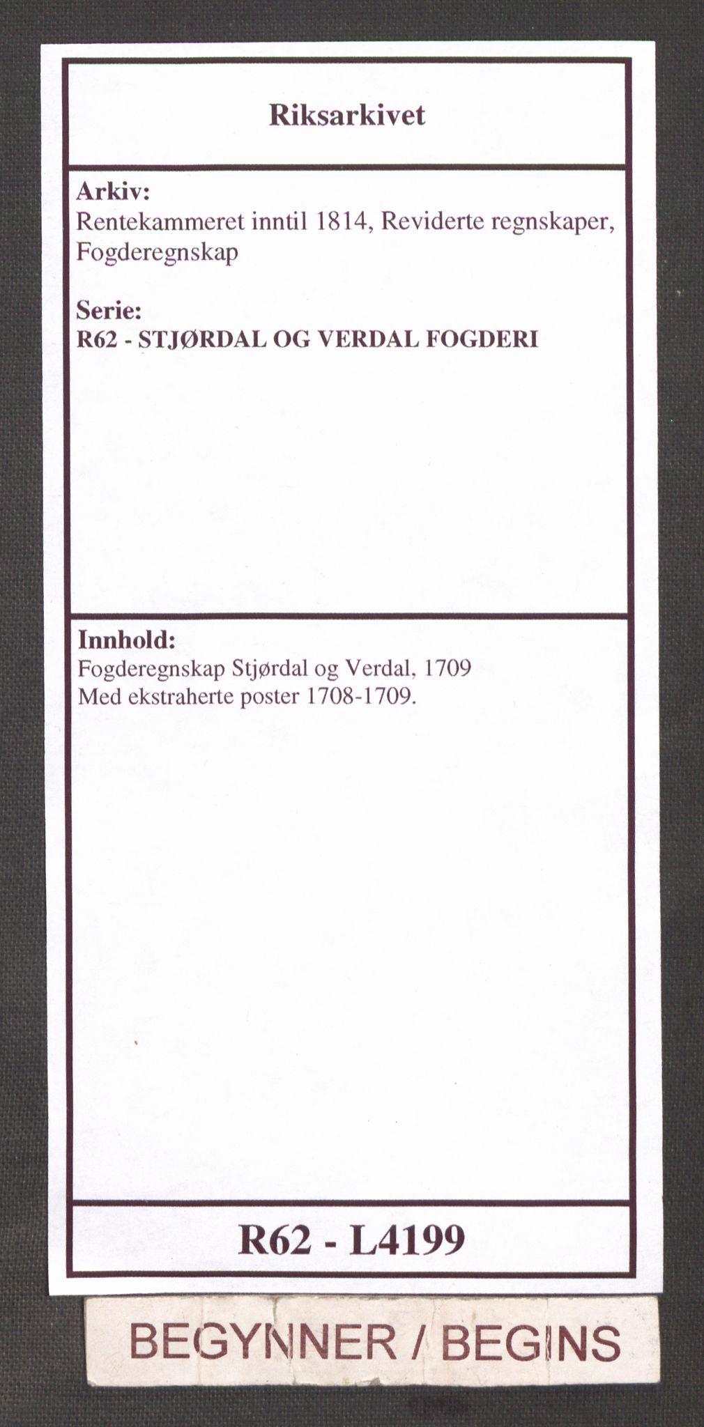 Rentekammeret inntil 1814, Reviderte regnskaper, Fogderegnskap, AV/RA-EA-4092/R62/L4199: Fogderegnskap Stjørdal og Verdal, 1709, p. 1