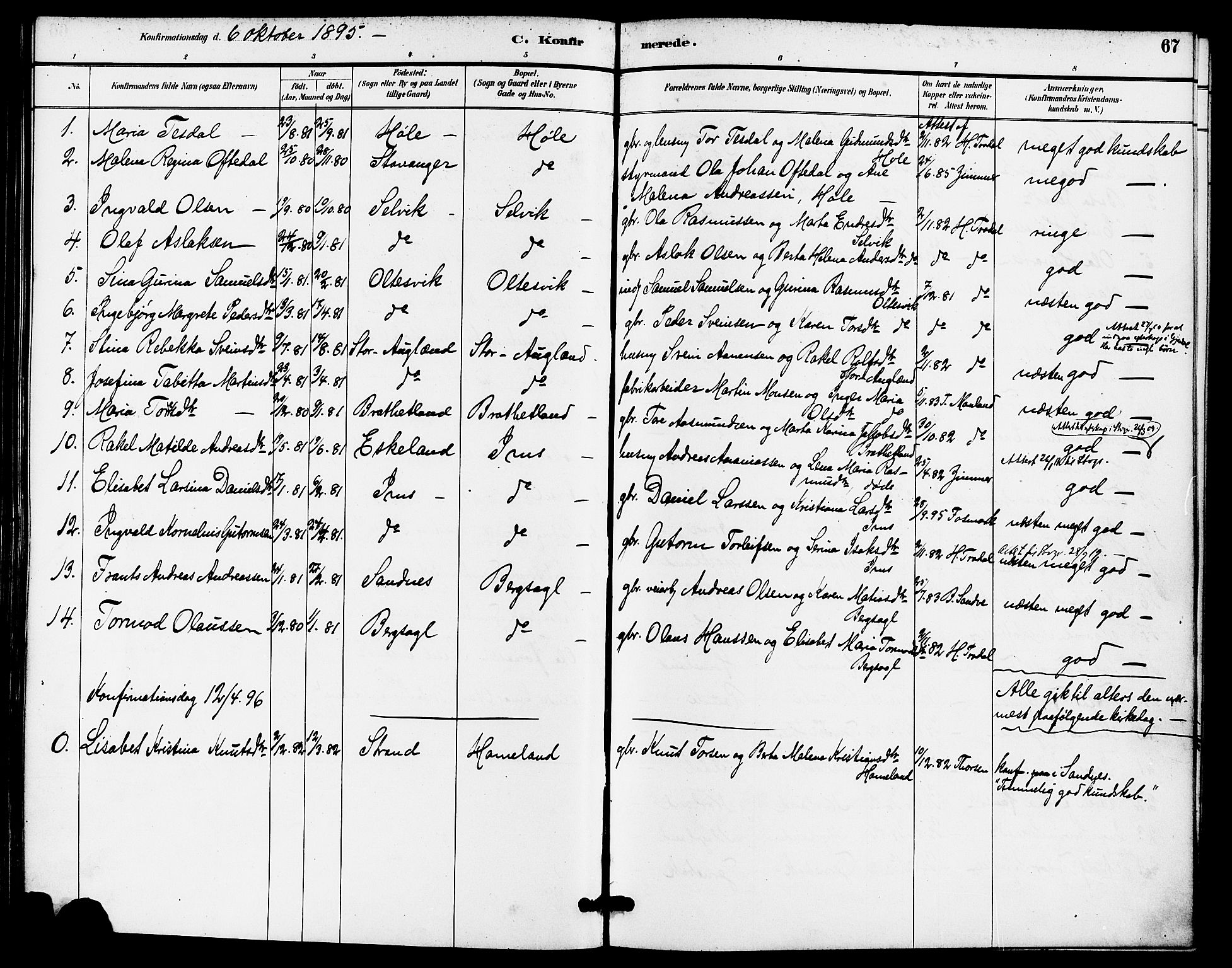 Høgsfjord sokneprestkontor, AV/SAST-A-101624/H/Ha/Haa/L0005: Parish register (official) no. A 5, 1885-1897, p. 67