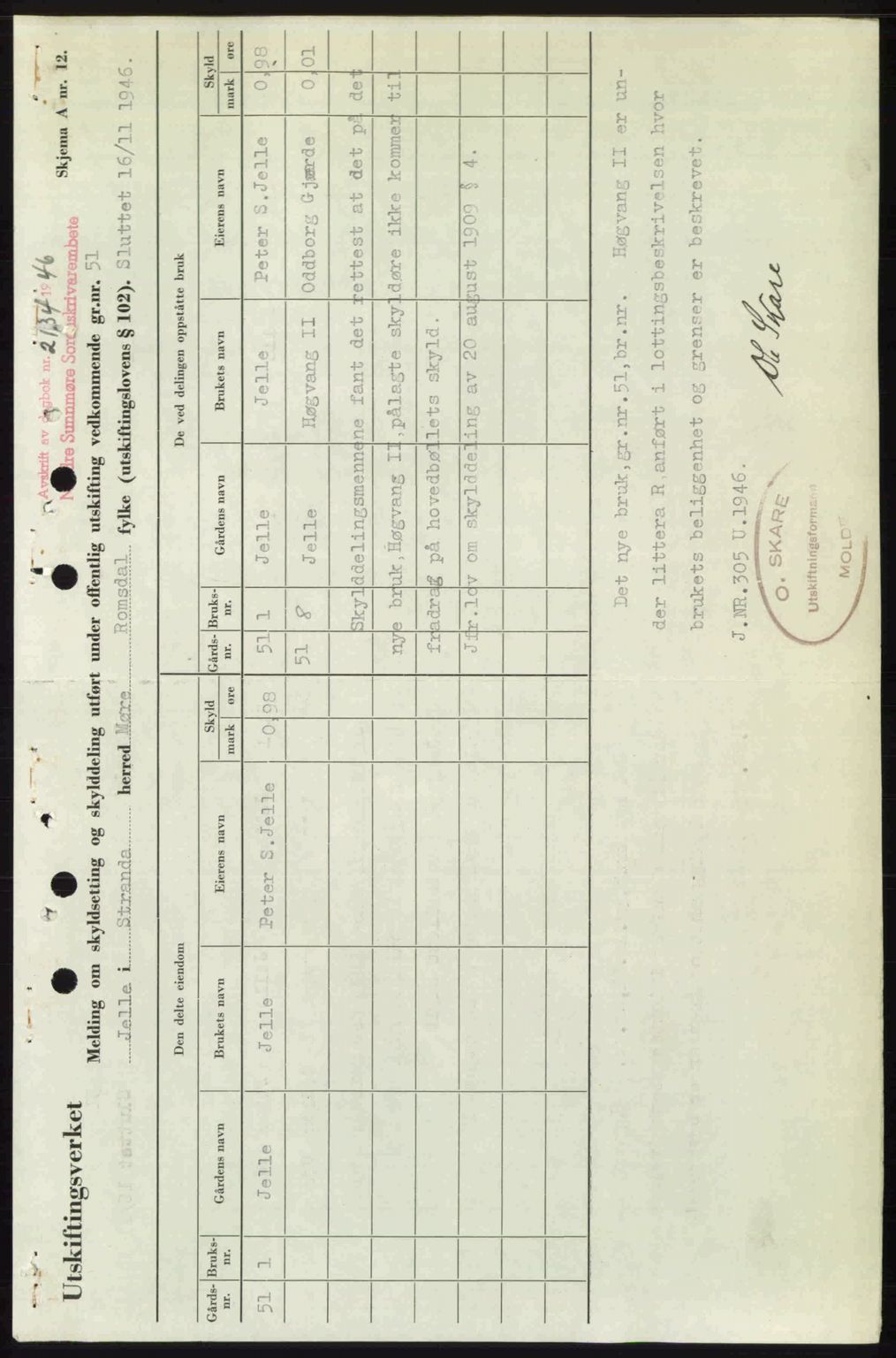 Nordre Sunnmøre sorenskriveri, AV/SAT-A-0006/1/2/2C/2Ca: Mortgage book no. A23, 1946-1947, Diary no: : 2134/1946