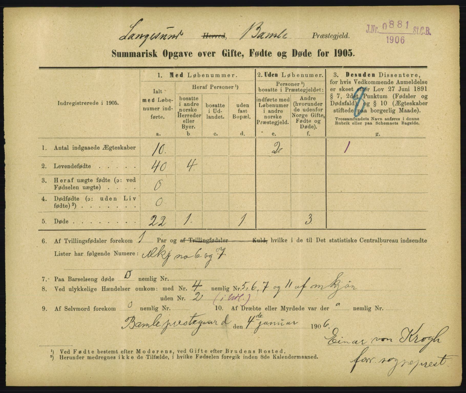 Statistisk sentralbyrå, Sosiodemografiske emner, Befolkning, RA/S-2228/D/Df/Dfa/Dfac/L0048: Summariske oppgaver over gifte, fødte, døde. Byer., 1905, p. 103