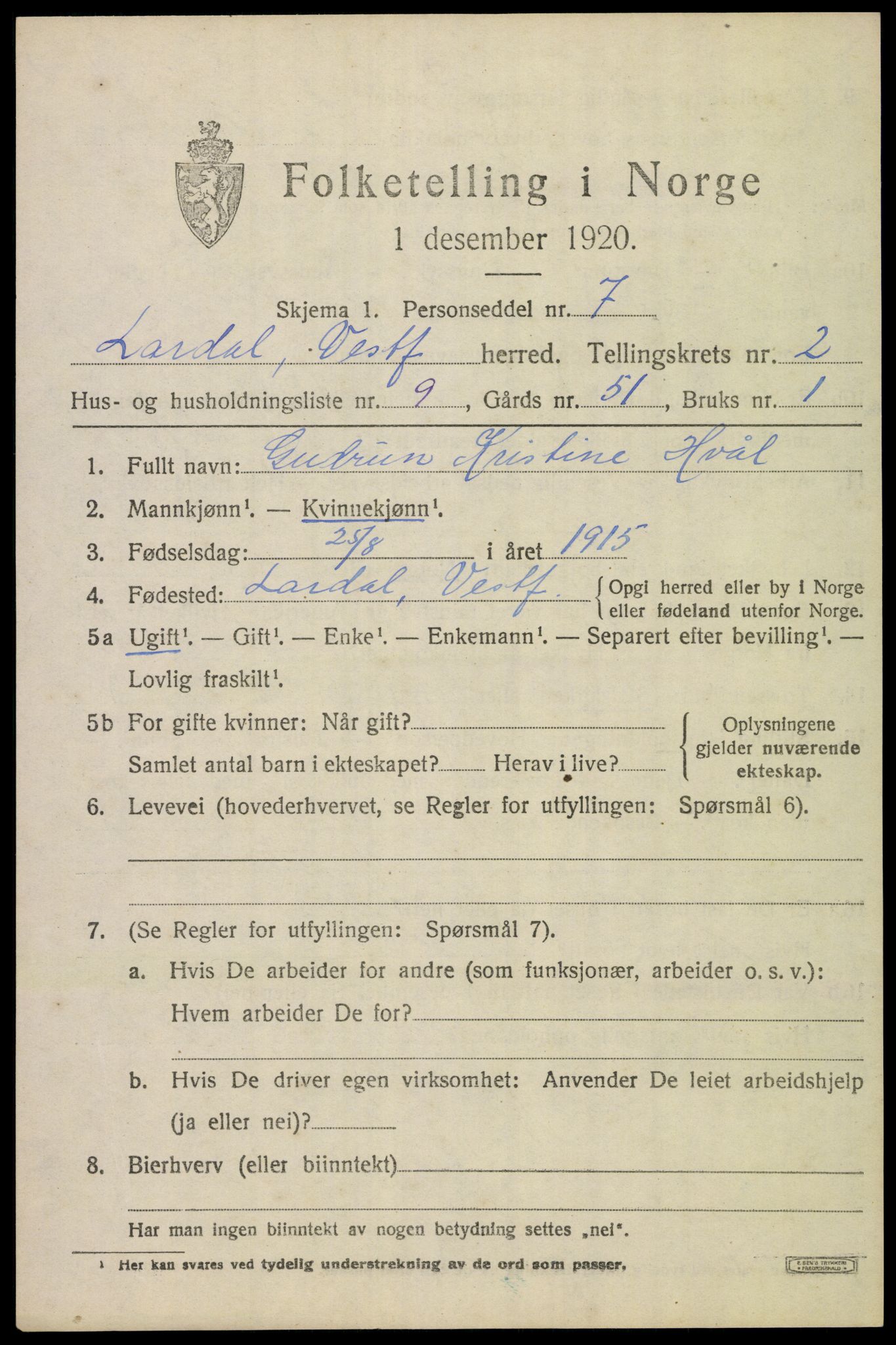 SAKO, 1920 census for Lardal, 1920, p. 2065