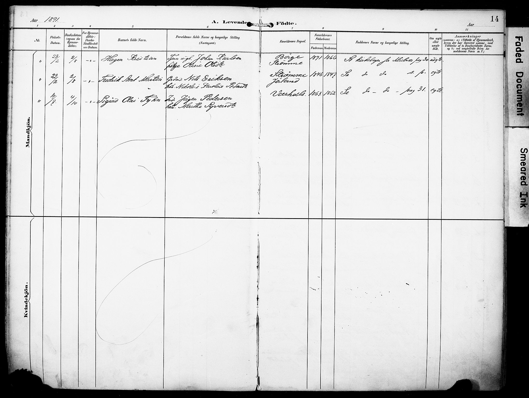 Ministerialprotokoller, klokkerbøker og fødselsregistre - Nordland, AV/SAT-A-1459/891/L1303: Parish register (official) no. 891A08, 1891-1894, p. 14