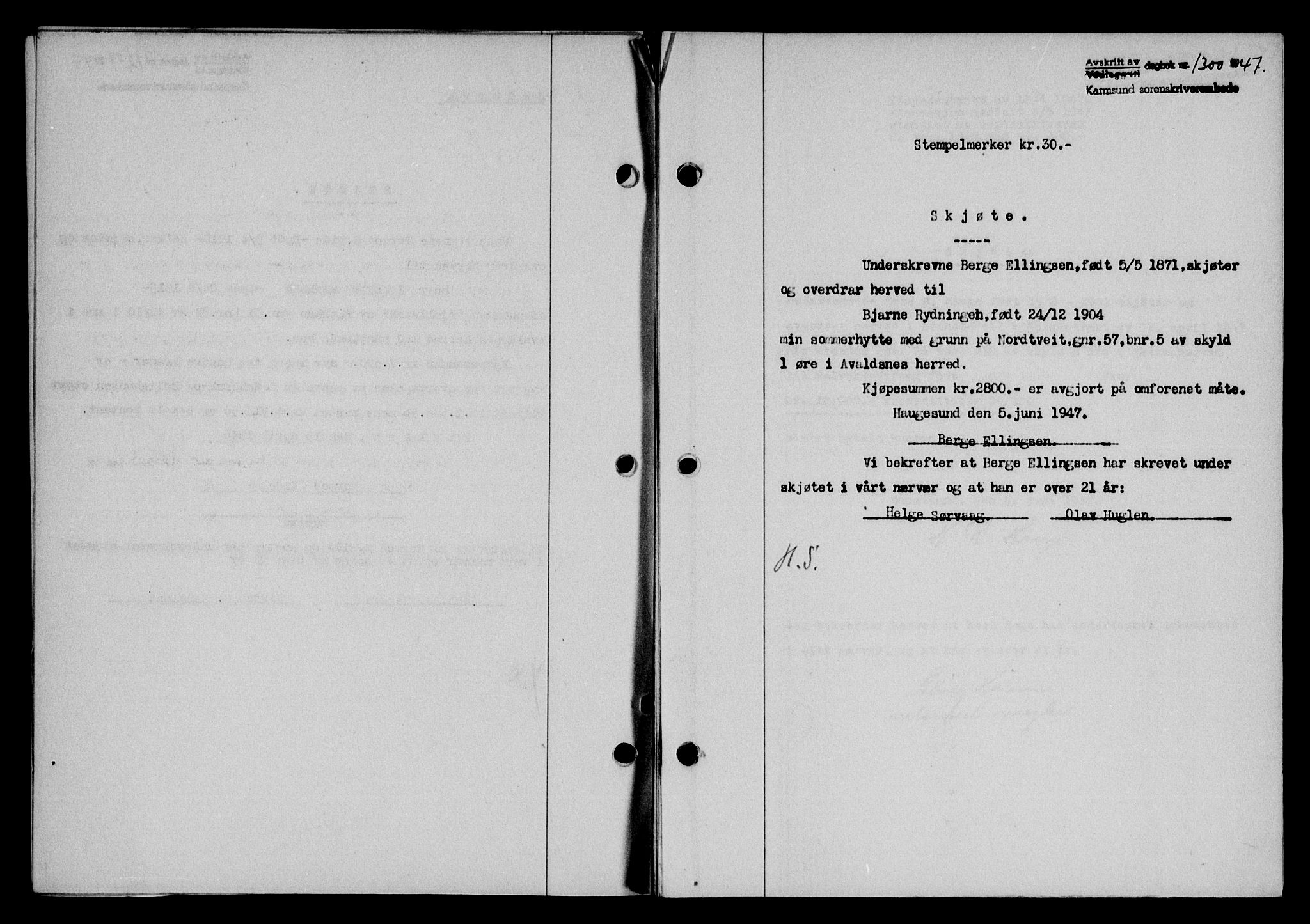 Karmsund sorenskriveri, SAST/A-100311/01/II/IIB/L0090: Mortgage book no. 70A, 1947-1947, Diary no: : 1300/1947