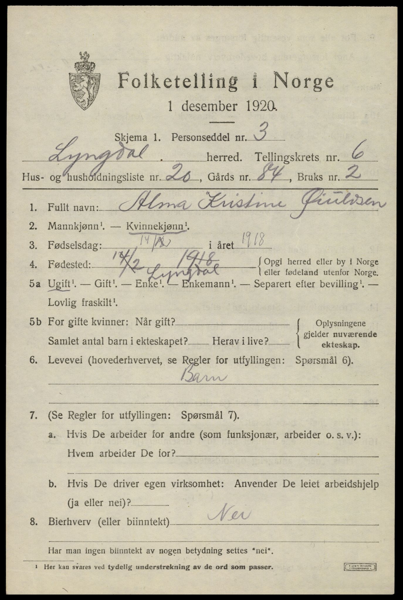 SAK, 1920 census for Lyngdal, 1920, p. 3611