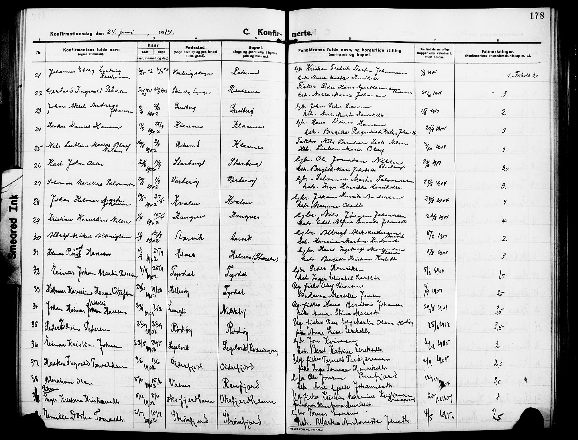 Skjervøy sokneprestkontor, AV/SATØ-S-1300/H/Ha/Hab/L0009klokker: Parish register (copy) no. 9, 1911-1926, p. 178