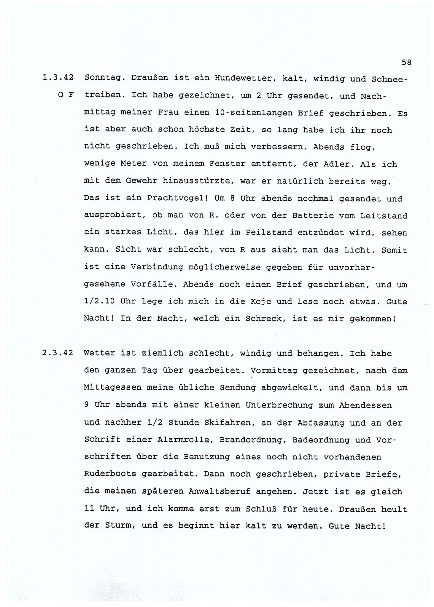 Dagbokopptegnelser av en tysk marineoffiser stasjonert i Norge , FMFB/A-1160/F/L0001: Dagbokopptegnelser av en tysk marineoffiser stasjonert i Norge, 1941-1944, p. 58