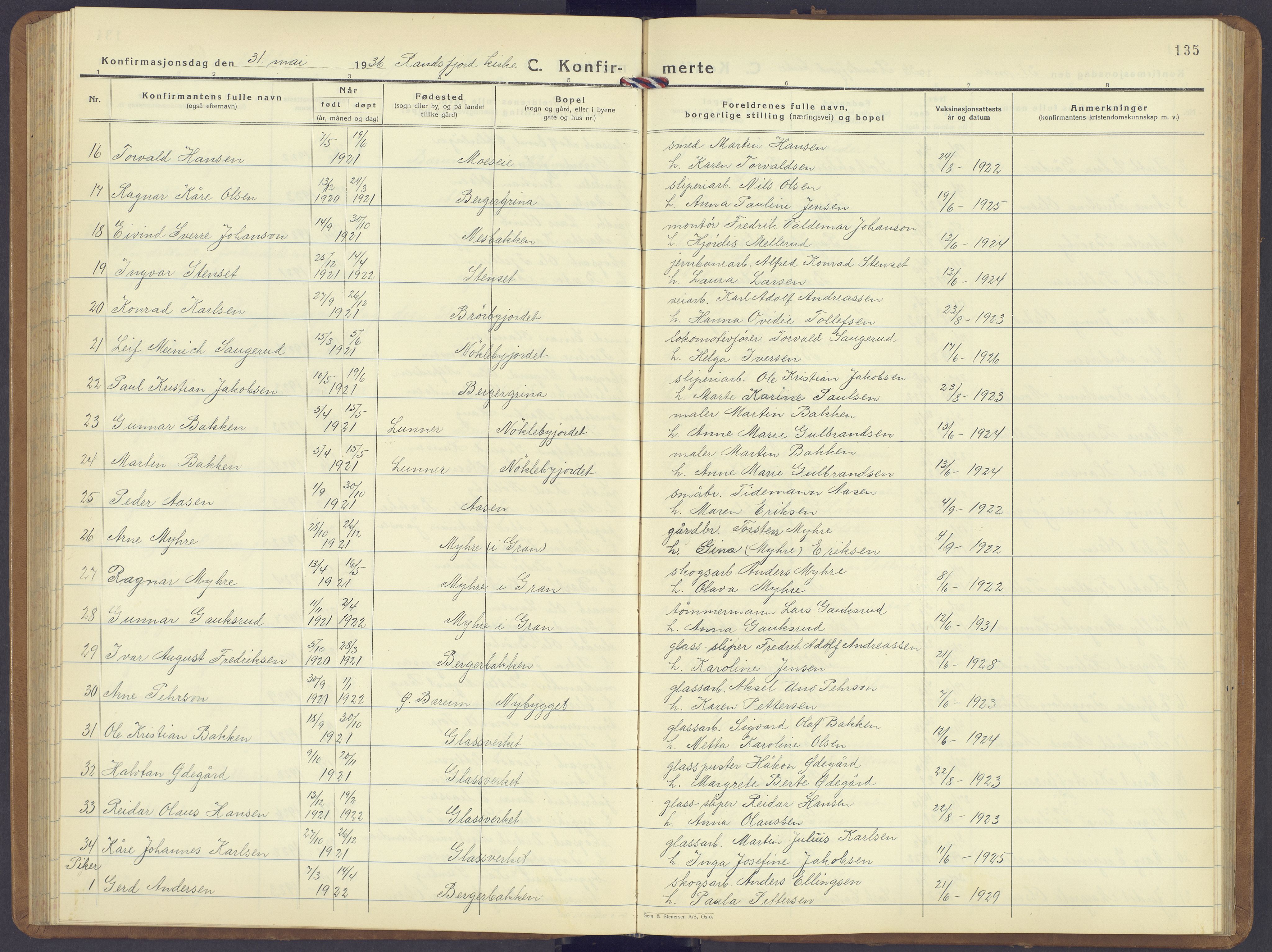 Jevnaker prestekontor, SAH/PREST-116/H/Ha/Hab/L0006: Parish register (copy) no. 6, 1930-1945, p. 135