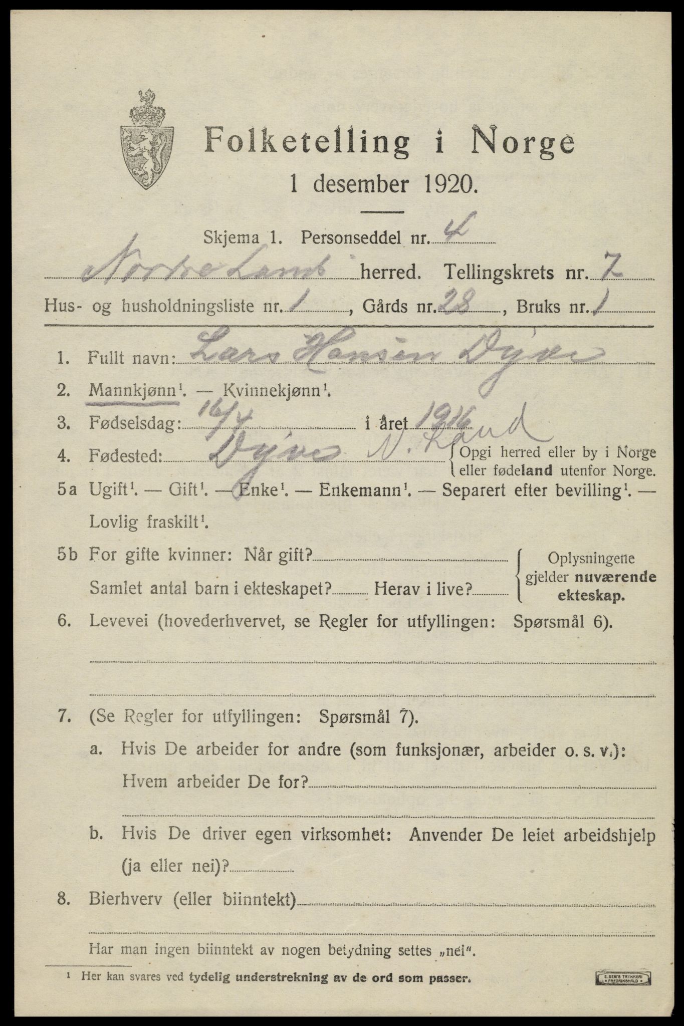 SAH, 1920 census for Nordre Land, 1920, p. 4510