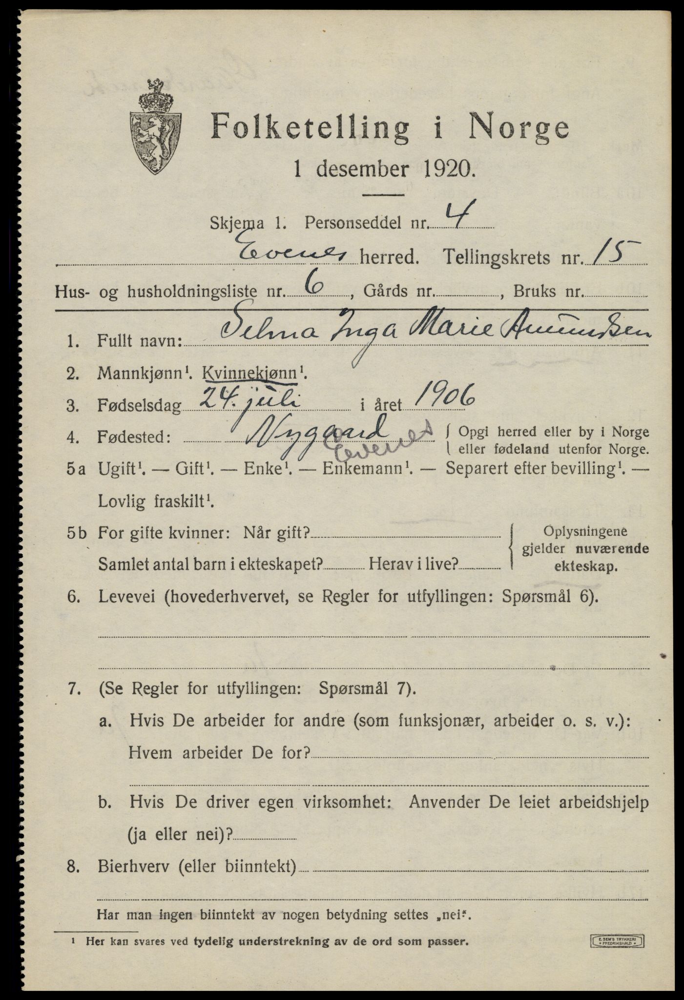 SAT, 1920 census for Evenes, 1920, p. 12804