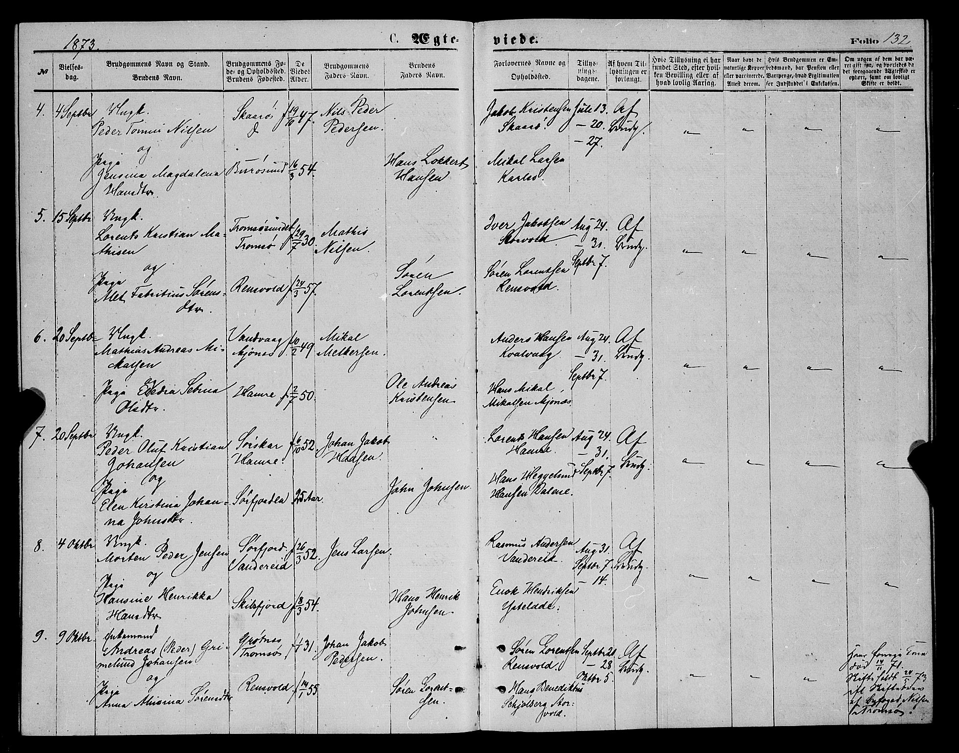 Karlsøy sokneprestembete, SATØ/S-1299/H/Ha/Haa/L0005kirke: Parish register (official) no. 5, 1872-1878, p. 132