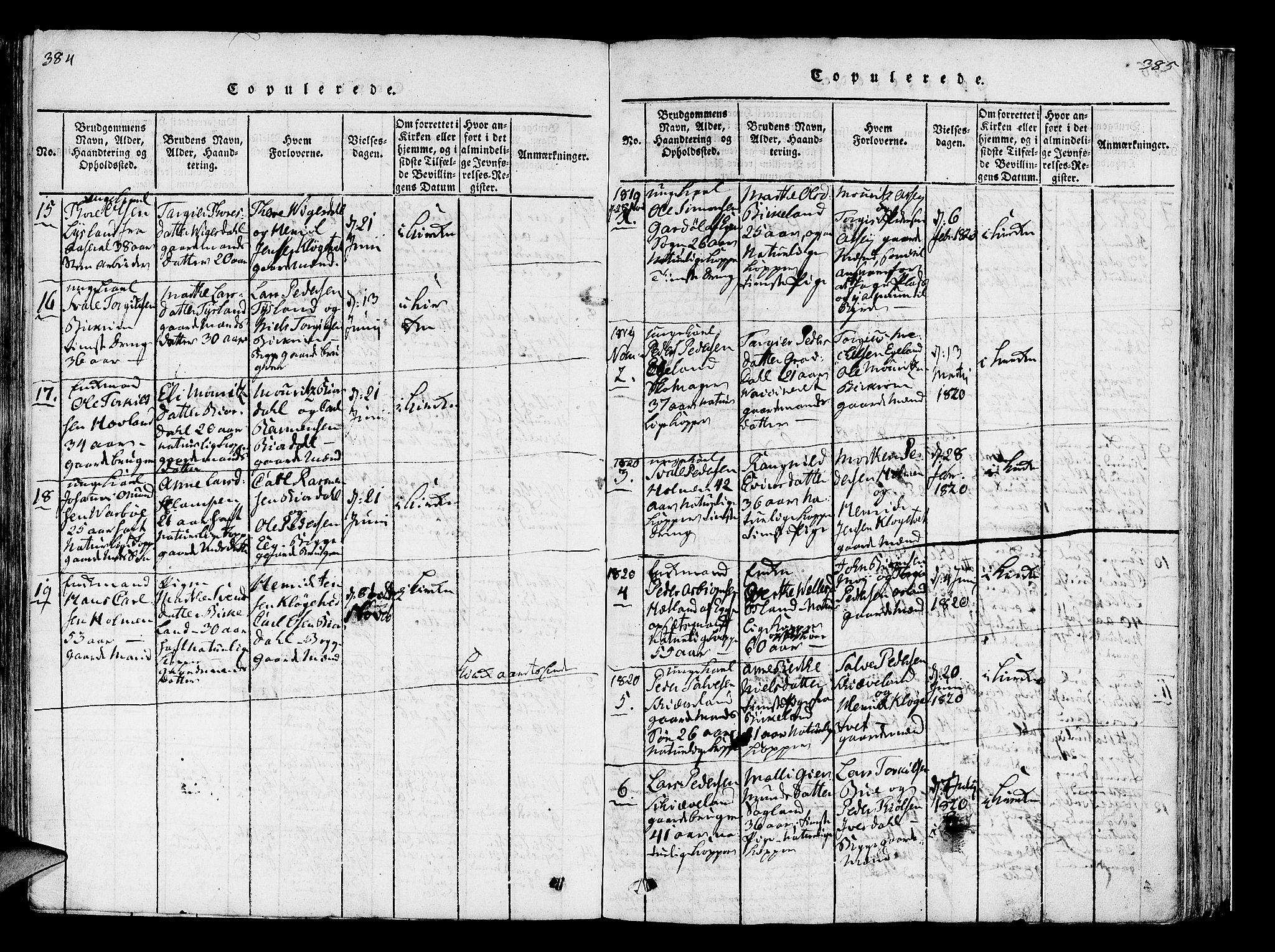 Helleland sokneprestkontor, SAST/A-101810: Parish register (official) no. A 5, 1815-1834, p. 384-385