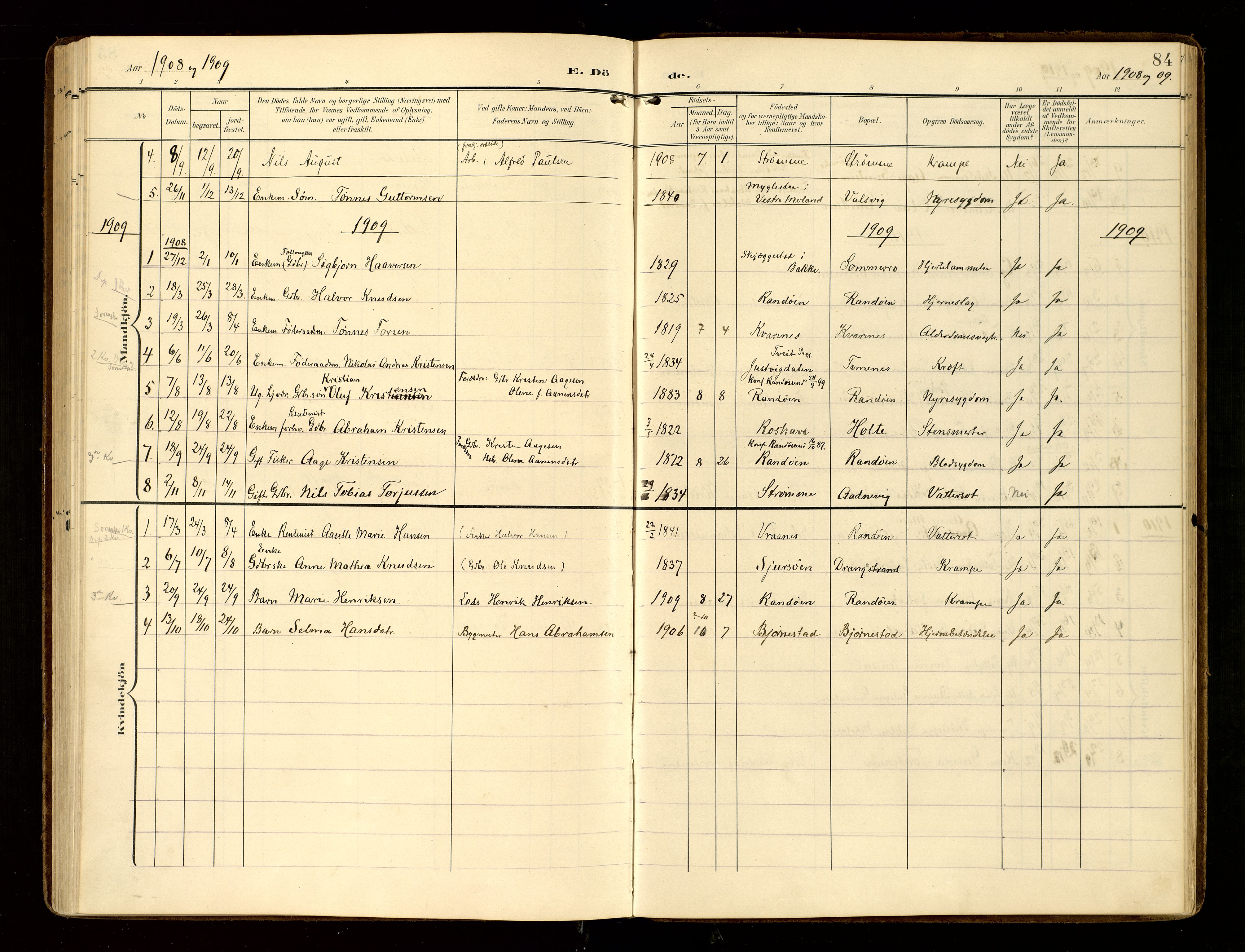 Oddernes sokneprestkontor, AV/SAK-1111-0033/F/Fa/Fab/L0003: Parish register (official) no. A 3, 1903-1916, p. 84