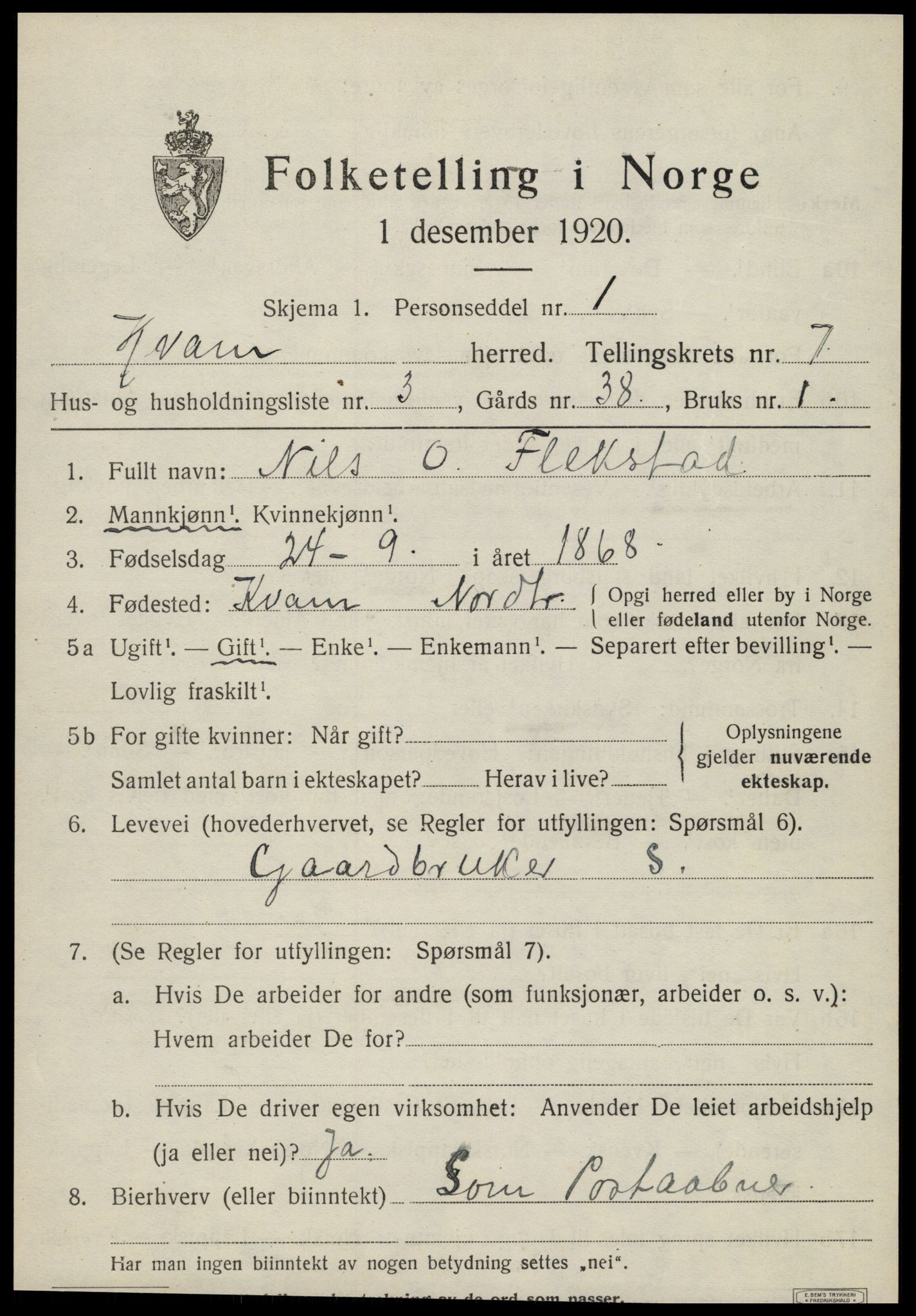 SAT, 1920 census for Kvam, 1920, p. 1823