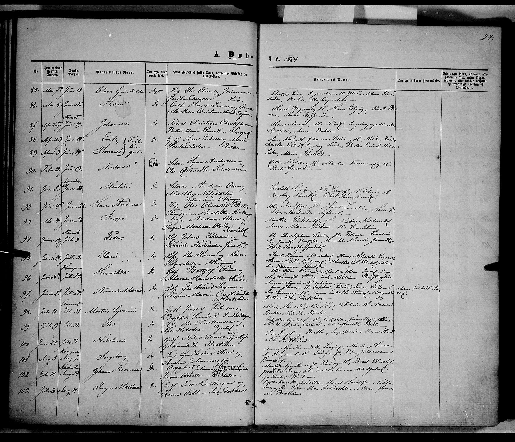 Nordre Land prestekontor, AV/SAH-PREST-124/H/Ha/Haa/L0001: Parish register (official) no. 1, 1860-1871, p. 34