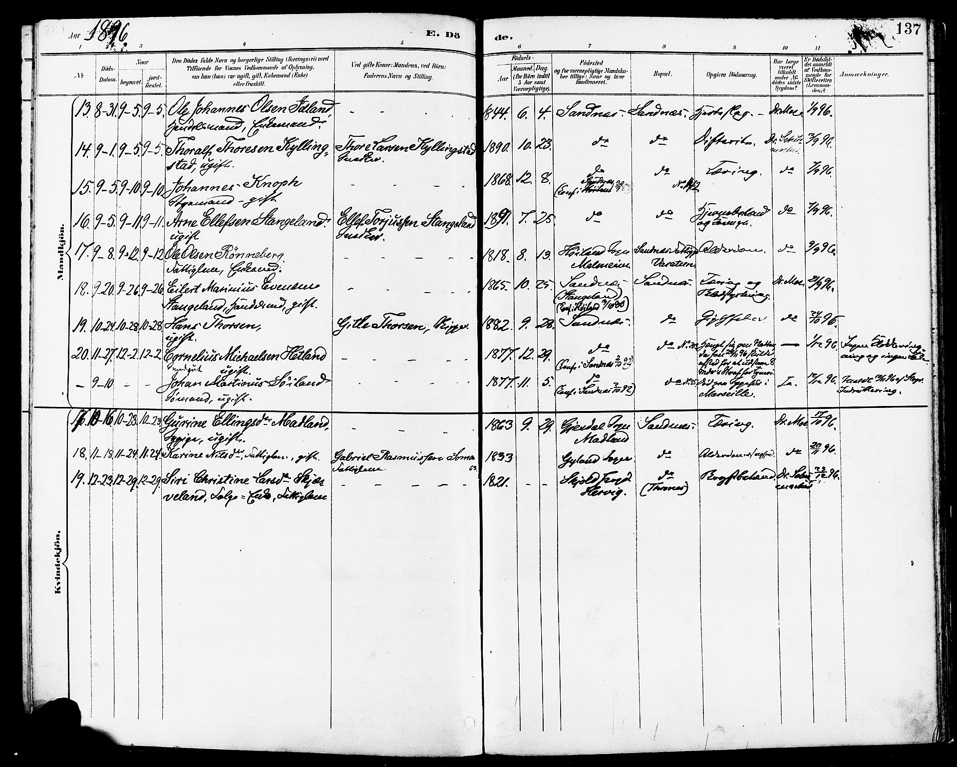 Høyland sokneprestkontor, SAST/A-101799/001/30BA/L0014: Parish register (official) no. A 12, 1890-1898, p. 137