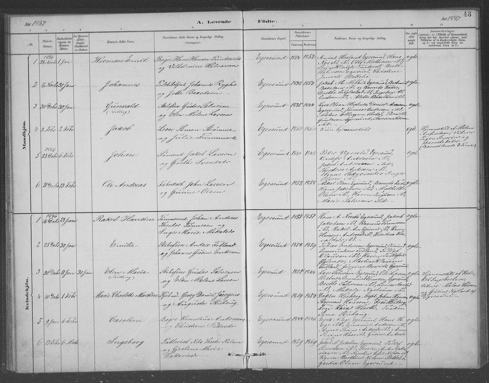 Eigersund sokneprestkontor, AV/SAST-A-101807/S09/L0008: Parish register (copy) no. B 8, 1882-1892, p. 43