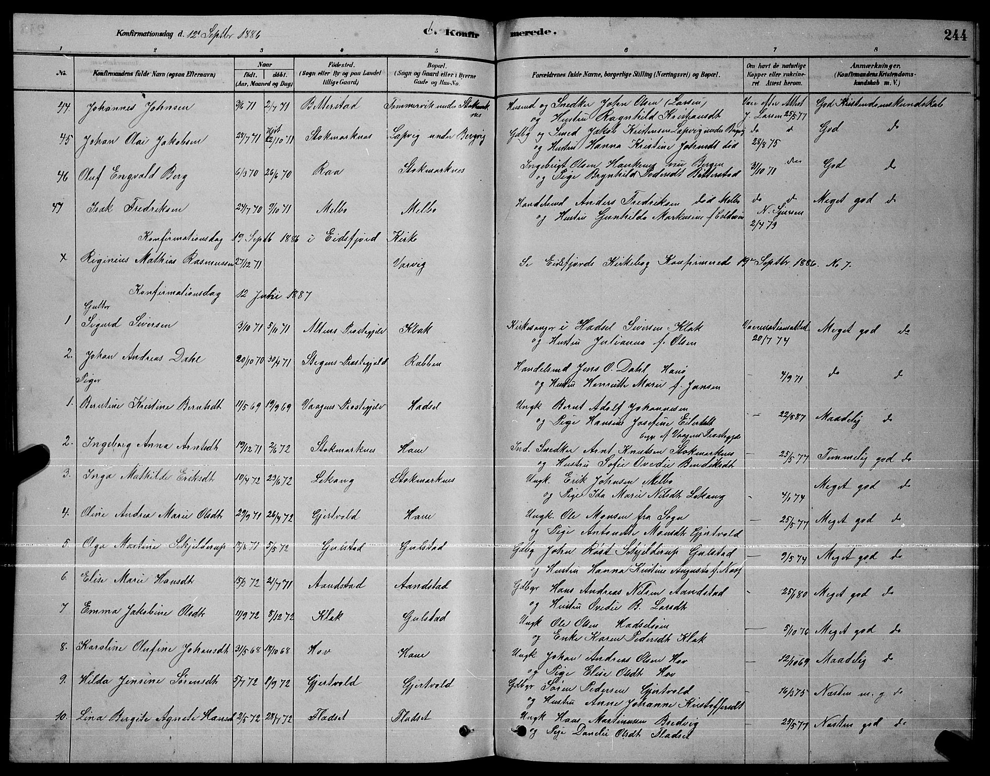 Ministerialprotokoller, klokkerbøker og fødselsregistre - Nordland, SAT/A-1459/888/L1267: Parish register (copy) no. 888C05, 1878-1890, p. 244