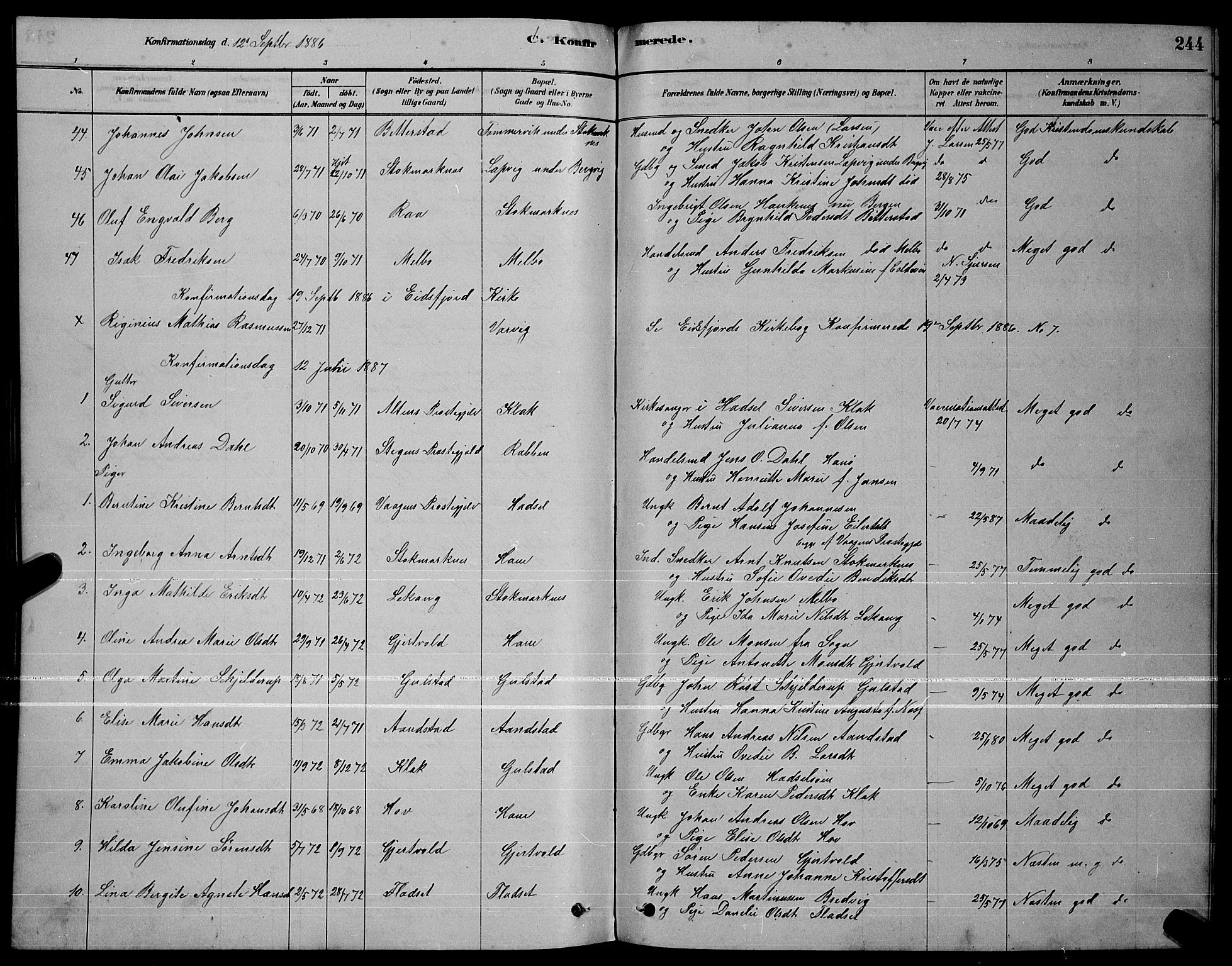 Ministerialprotokoller, klokkerbøker og fødselsregistre - Nordland, AV/SAT-A-1459/888/L1267: Parish register (copy) no. 888C05, 1878-1890, p. 244