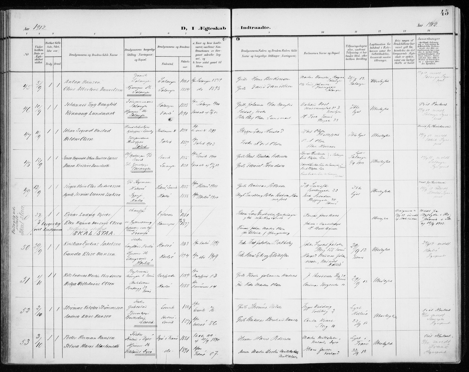 Tromsø sokneprestkontor/stiftsprosti/domprosti, AV/SATØ-S-1343/G/Ga/L0018kirke: Parish register (official) no. 18, 1907-1917, p. 45