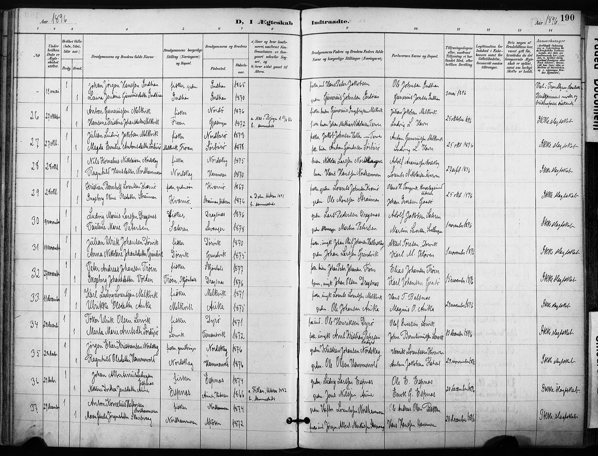 Ministerialprotokoller, klokkerbøker og fødselsregistre - Sør-Trøndelag, SAT/A-1456/640/L0579: Parish register (official) no. 640A04, 1889-1902, p. 190