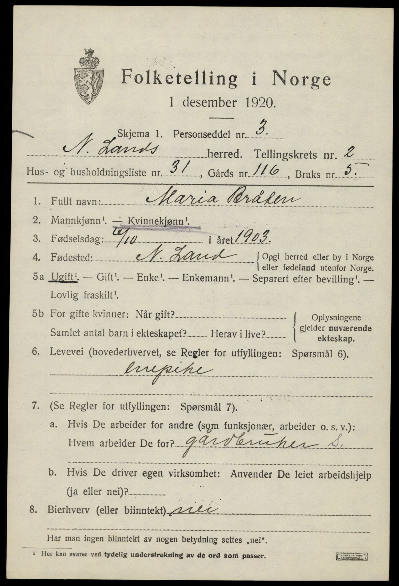 SAH, 1920 census for Nordre Land, 1920, p. 1896