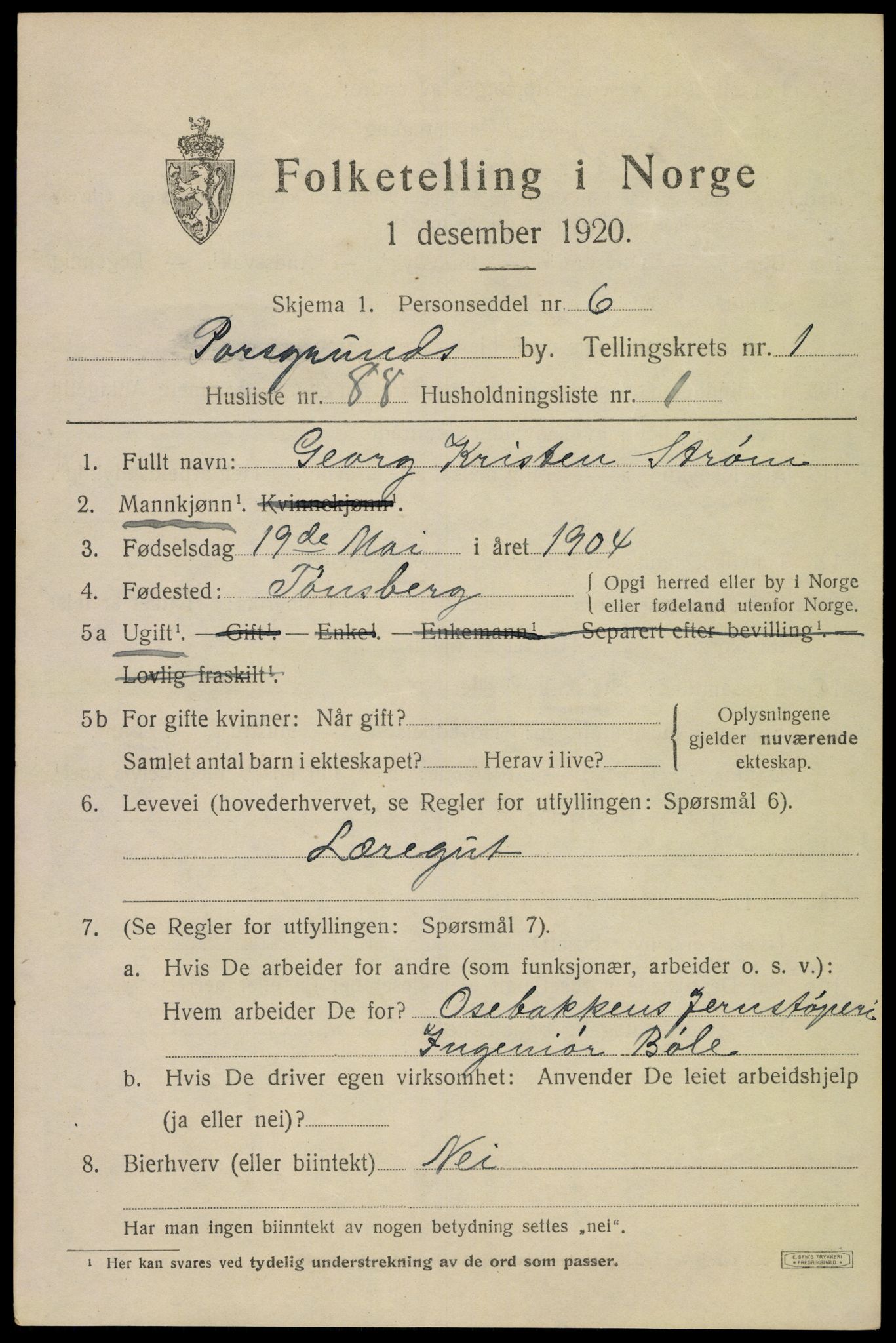 SAKO, 1920 census for Porsgrunn, 1920, p. 8203