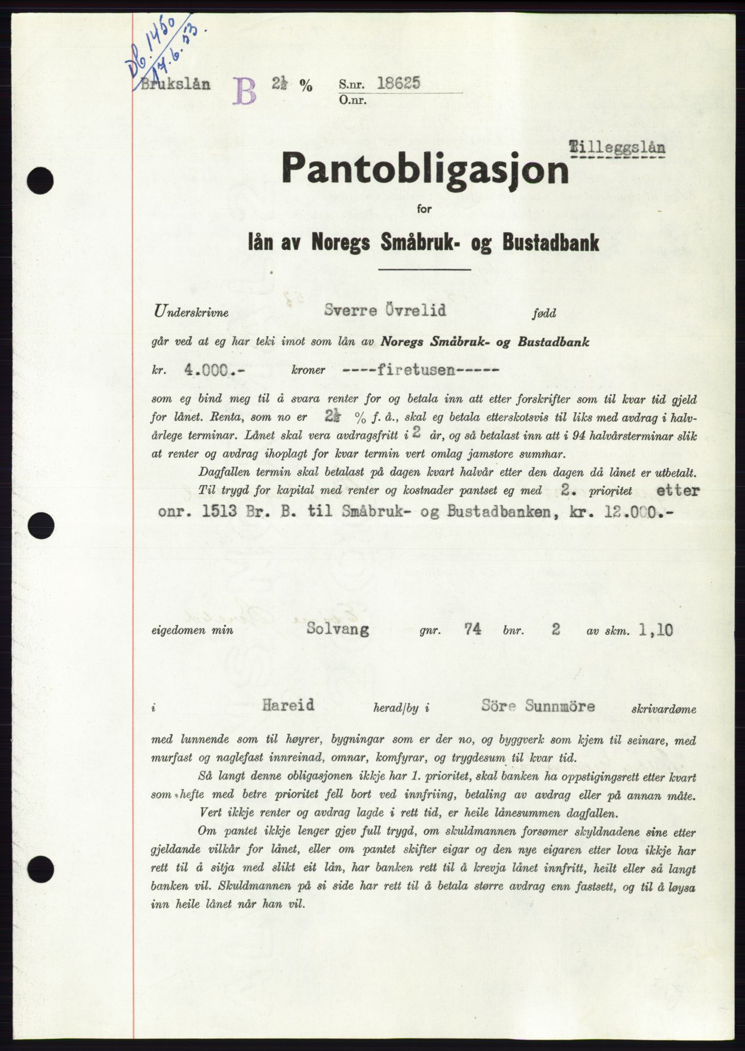 Søre Sunnmøre sorenskriveri, AV/SAT-A-4122/1/2/2C/L0123: Mortgage book no. 11B, 1953-1953, Diary no: : 1450/1953