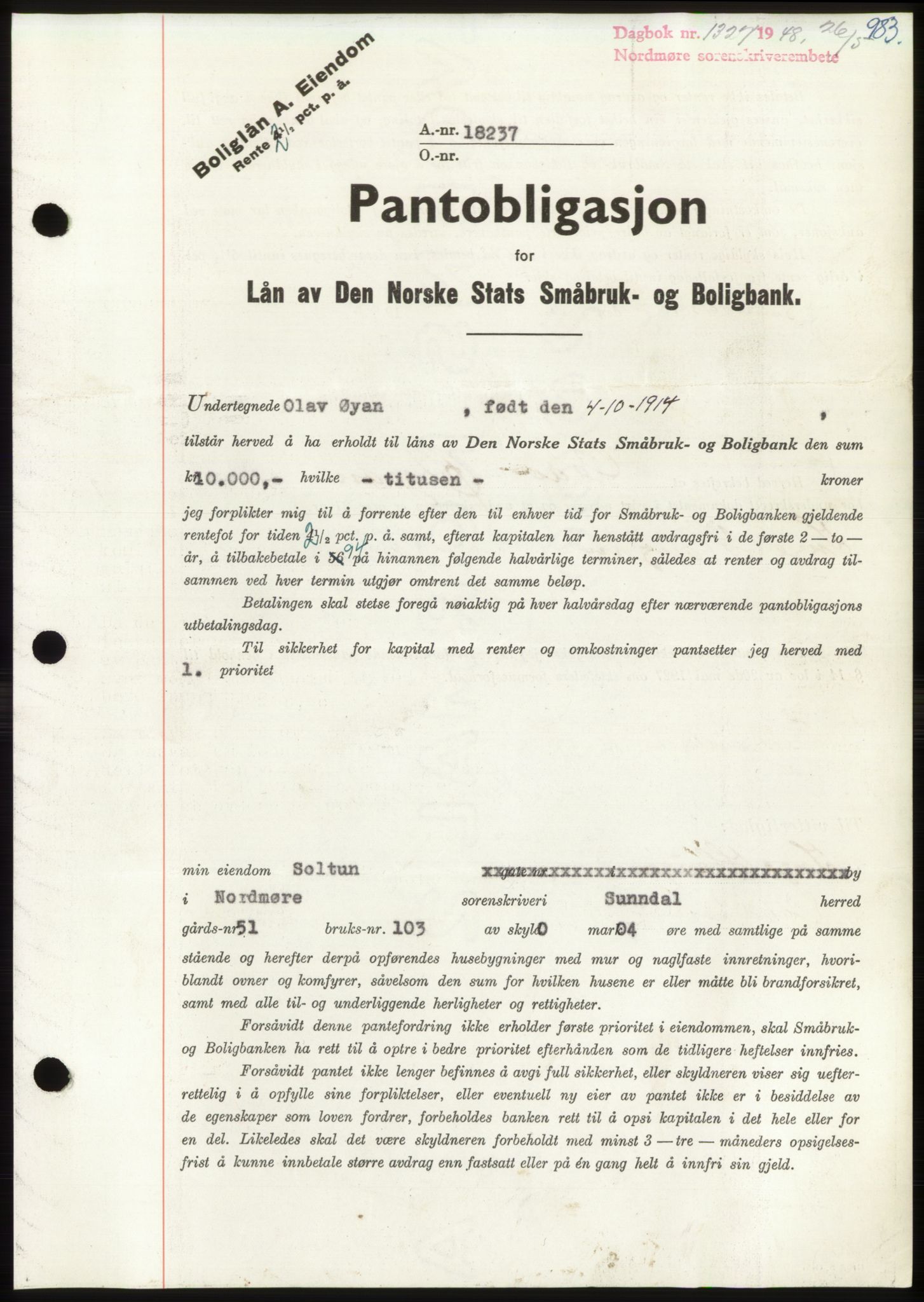 Nordmøre sorenskriveri, AV/SAT-A-4132/1/2/2Ca: Mortgage book no. B98, 1948-1948, Diary no: : 1327/1948