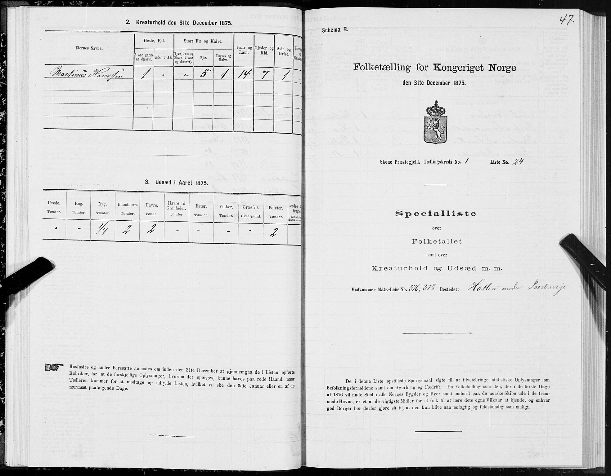 SAT, 1875 census for 1529P Skodje, 1875, p. 1047