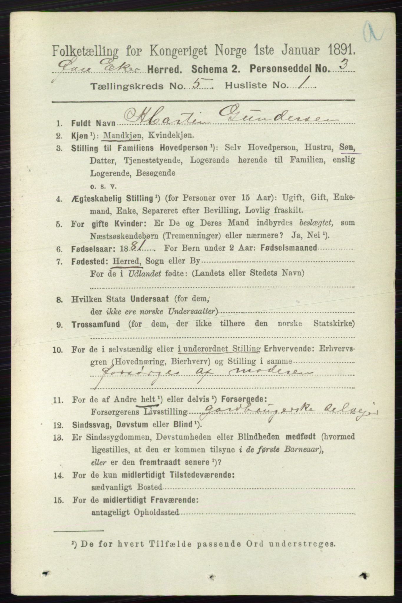 RA, 1891 census for 0624 Øvre Eiker, 1891, p. 1833