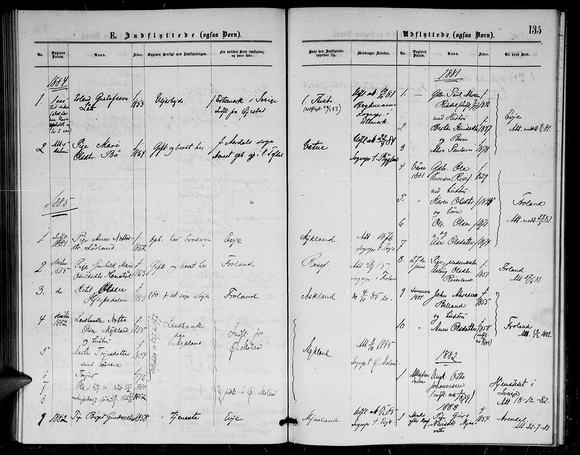 Herefoss sokneprestkontor, SAK/1111-0019/F/Fa/Fac/L0001: Parish register (official) no. A 1, 1871-1886, p. 135