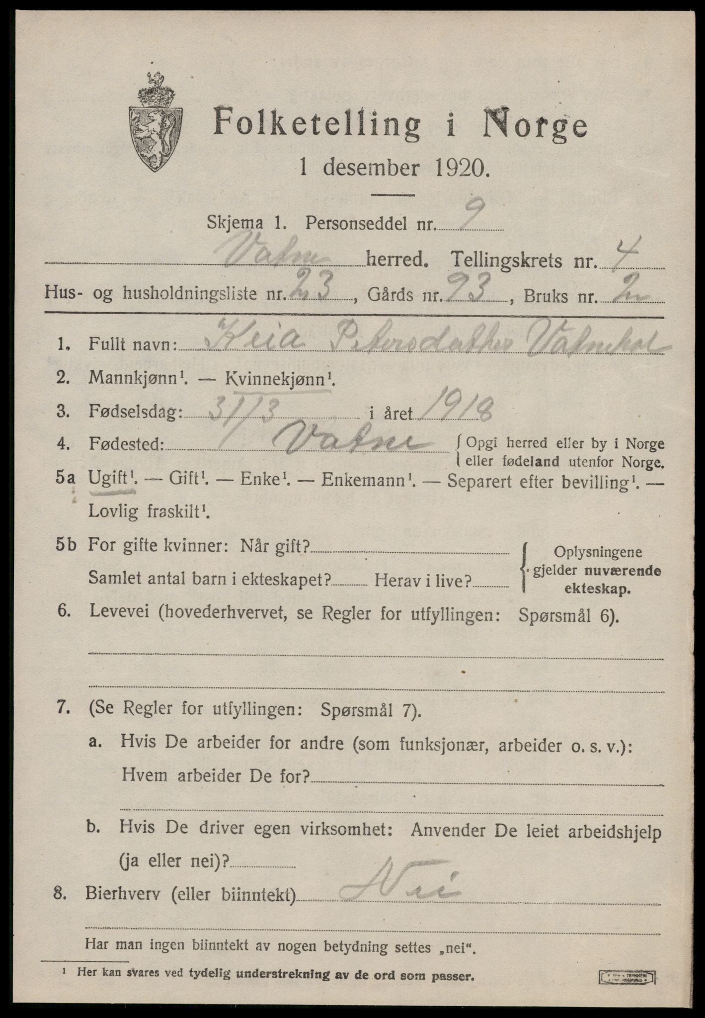 SAT, 1920 census for Vatne, 1920, p. 2148