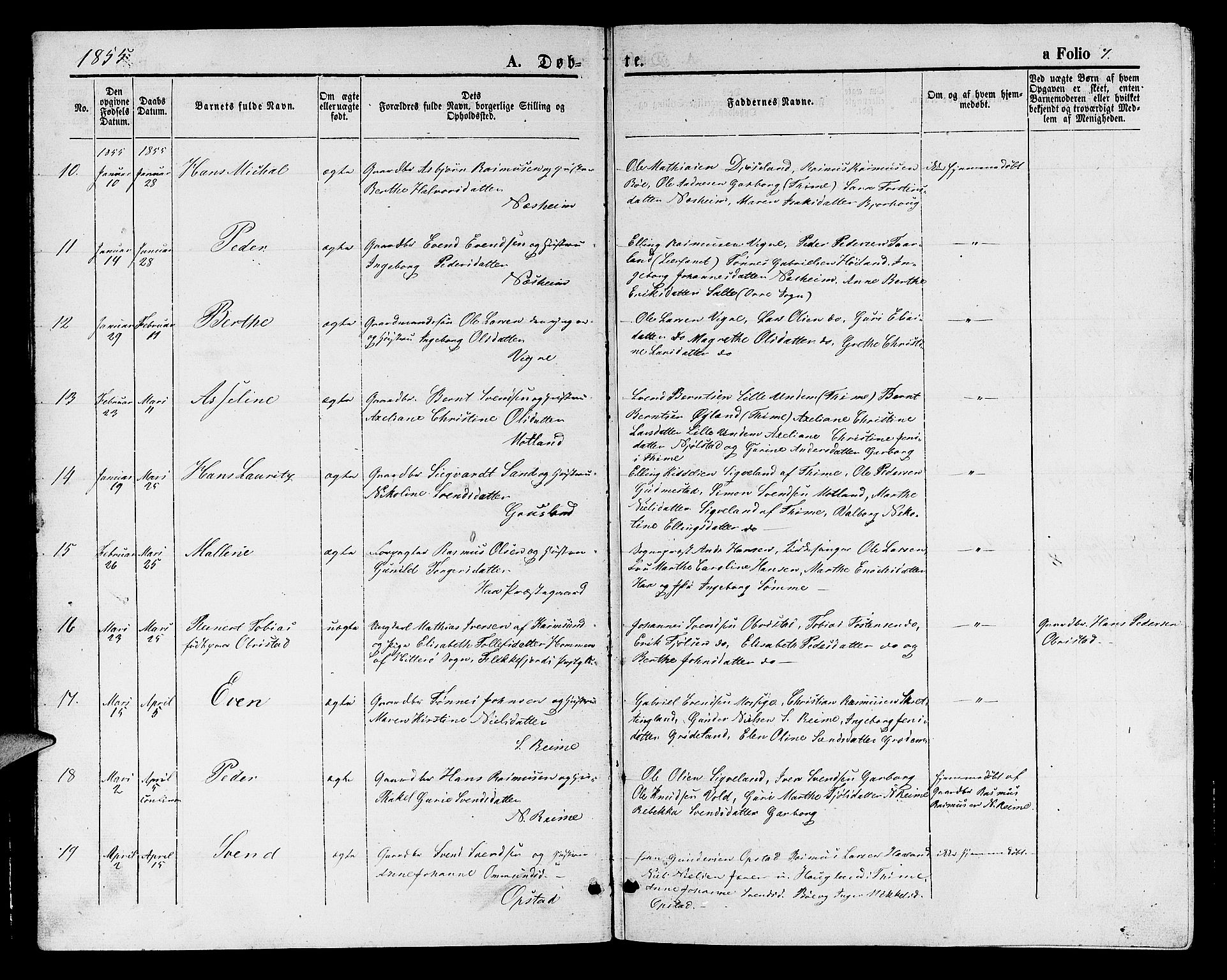 Hå sokneprestkontor, AV/SAST-A-101801/001/30BB/L0001: Parish register (copy) no. B 1, 1854-1883, p. 7