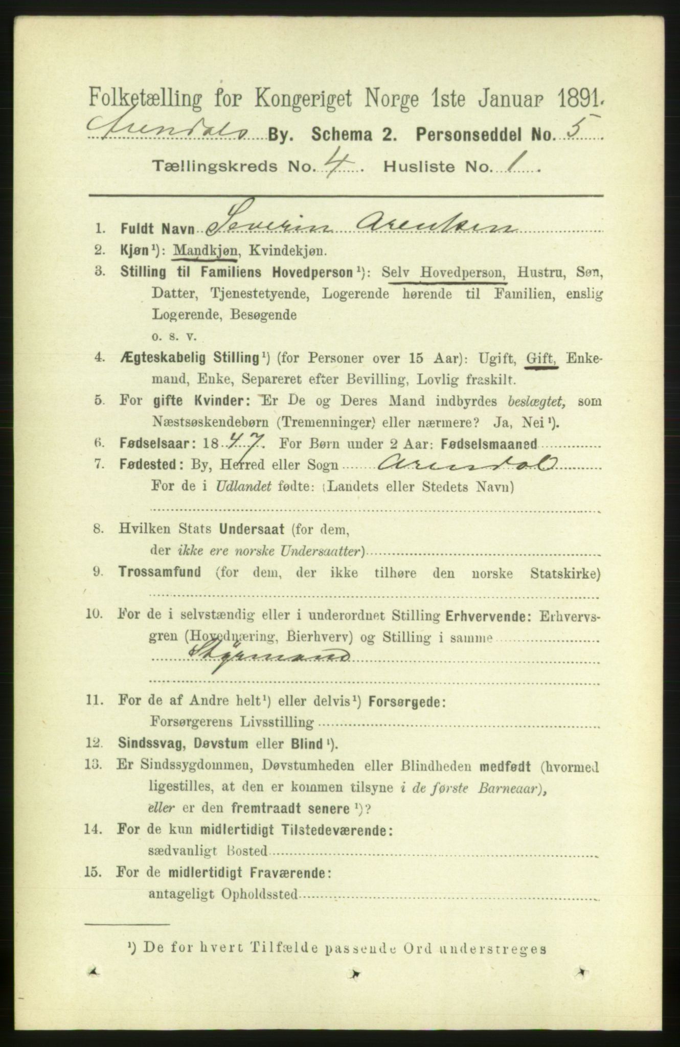 RA, 1891 census for 0903 Arendal, 1891, p. 1657