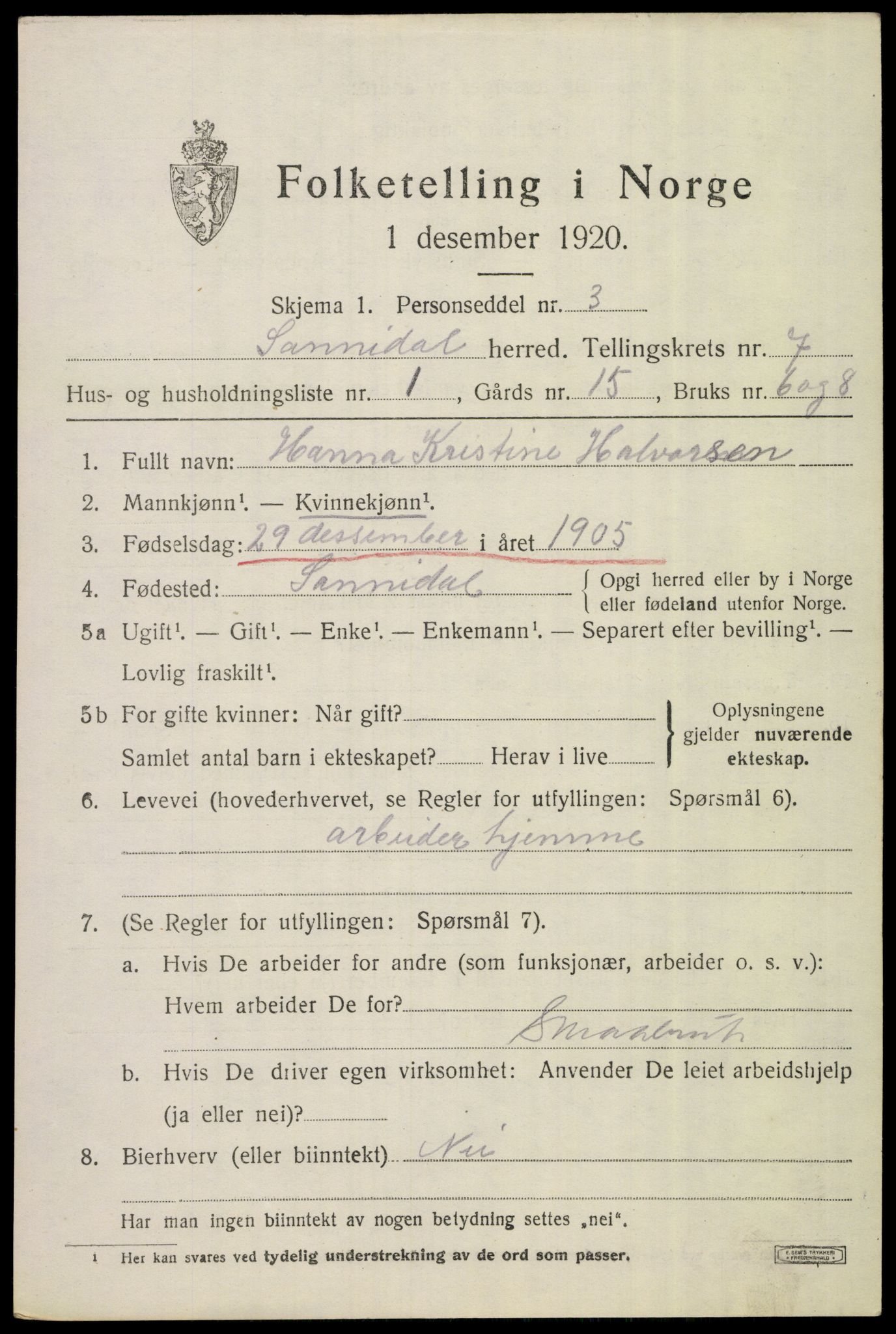 SAKO, 1920 census for Sannidal, 1920, p. 4917