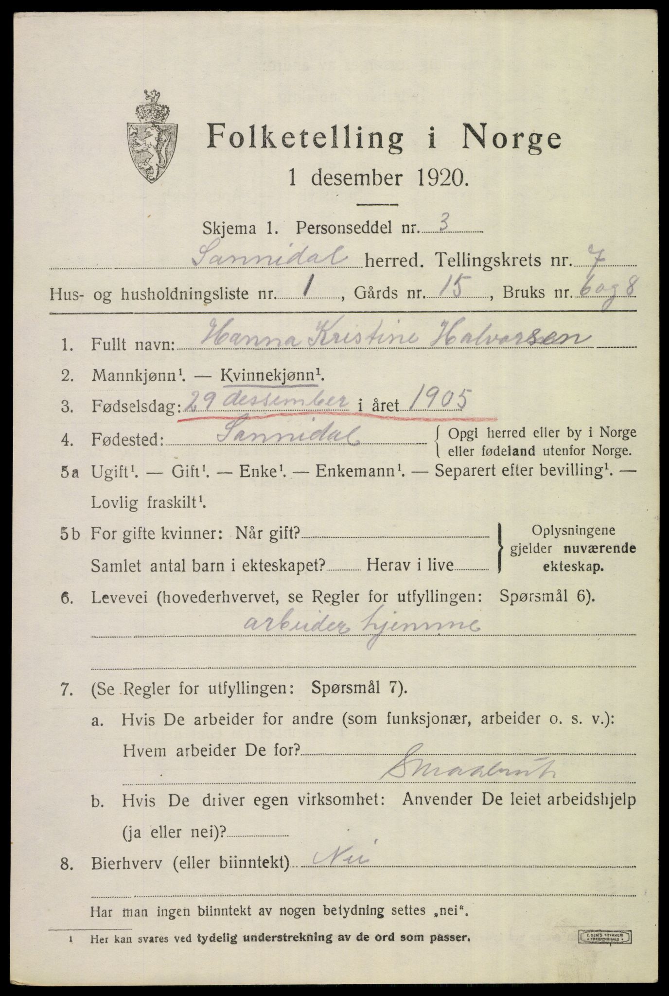 SAKO, 1920 census for Sannidal, 1920, p. 4917