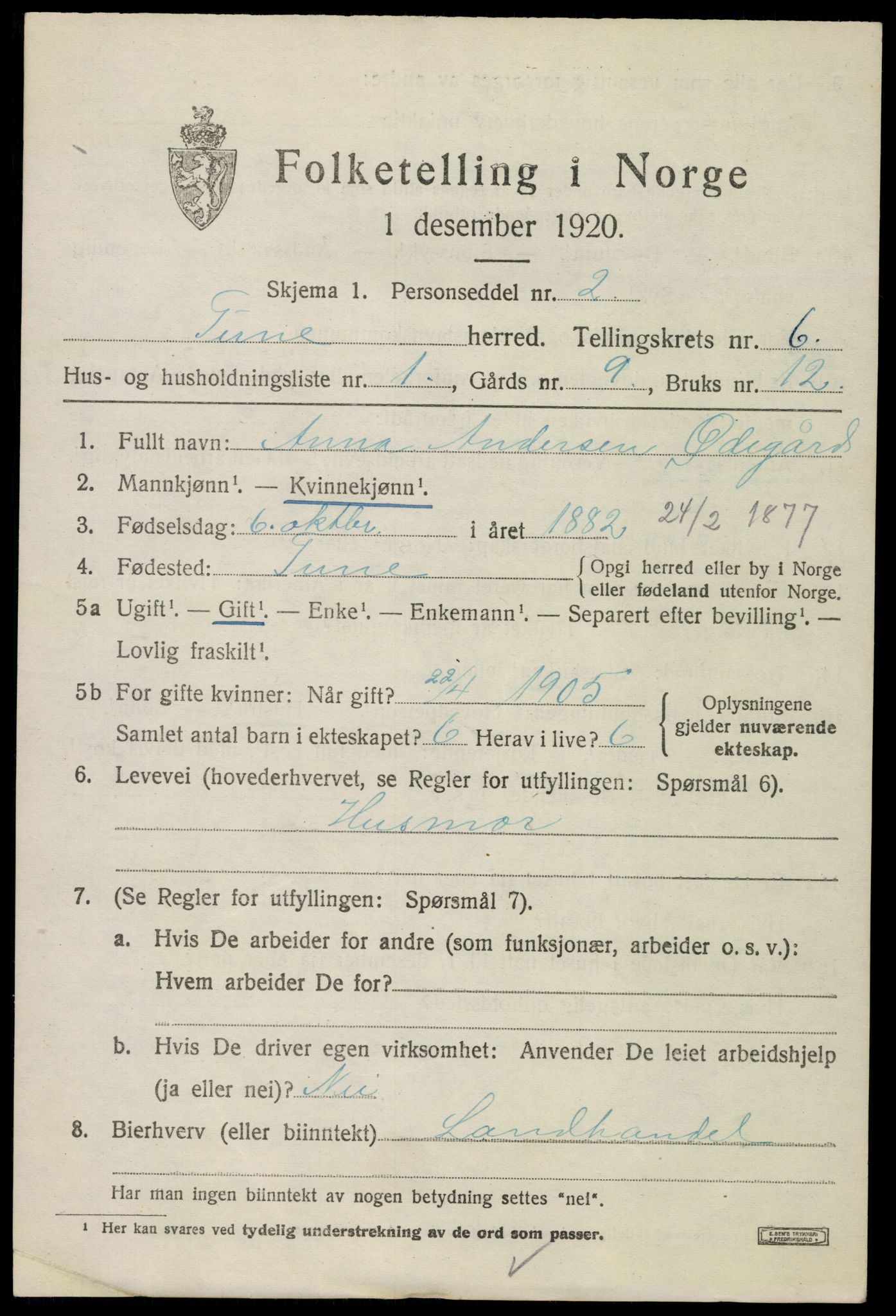 SAO, 1920 census for Tune, 1920, p. 5674