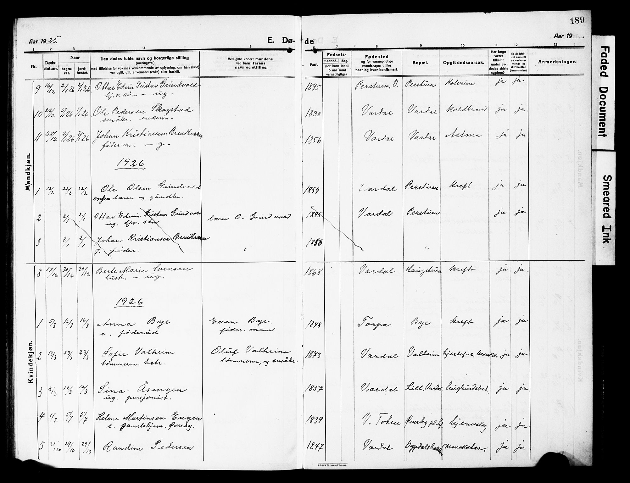 Vardal prestekontor, SAH/PREST-100/H/Ha/Hab/L0015: Parish register (copy) no. 15, 1914-1931, p. 189