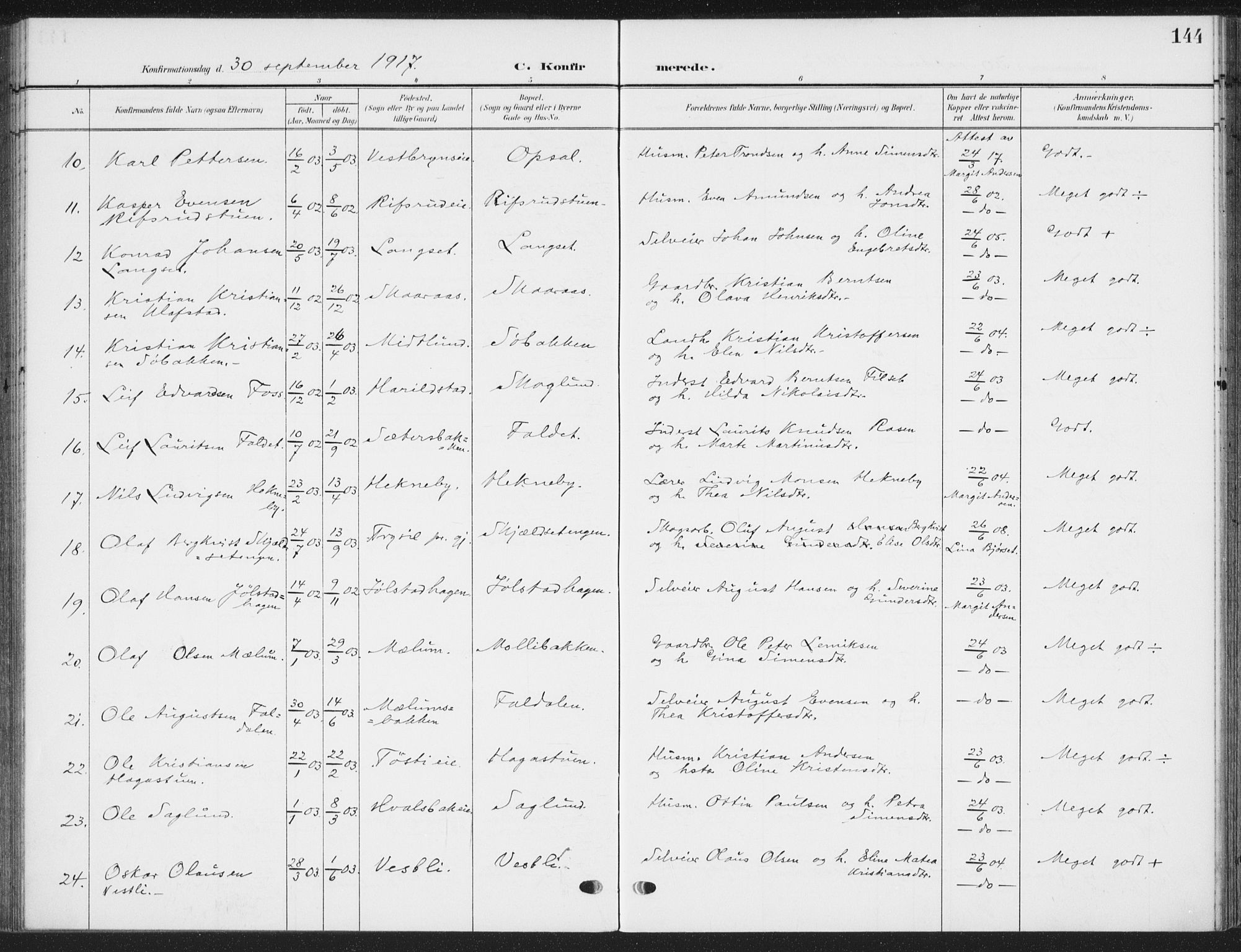 Romedal prestekontor, SAH/PREST-004/K/L0009: Parish register (official) no. 9, 1906-1929, p. 144